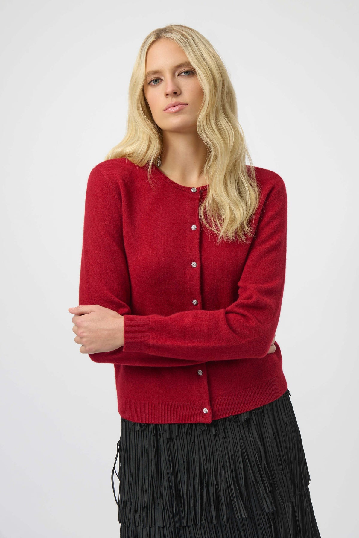Joseph Ribkoff Deep Cherry Cashmere Button-Front Crew Neck Cardigan