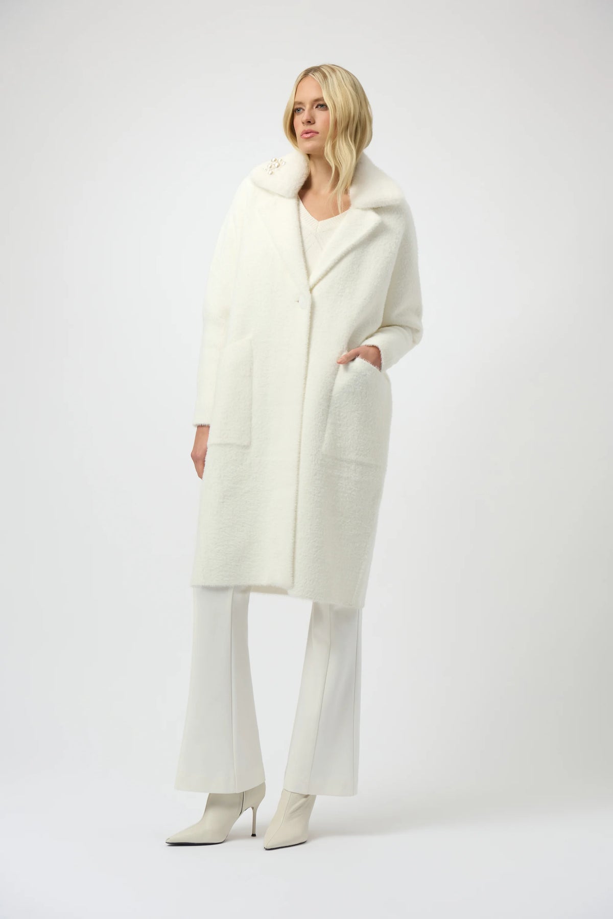 Joseph Ribkoff Winter White Feather Yarn and Faux Fur Sweater Coat
