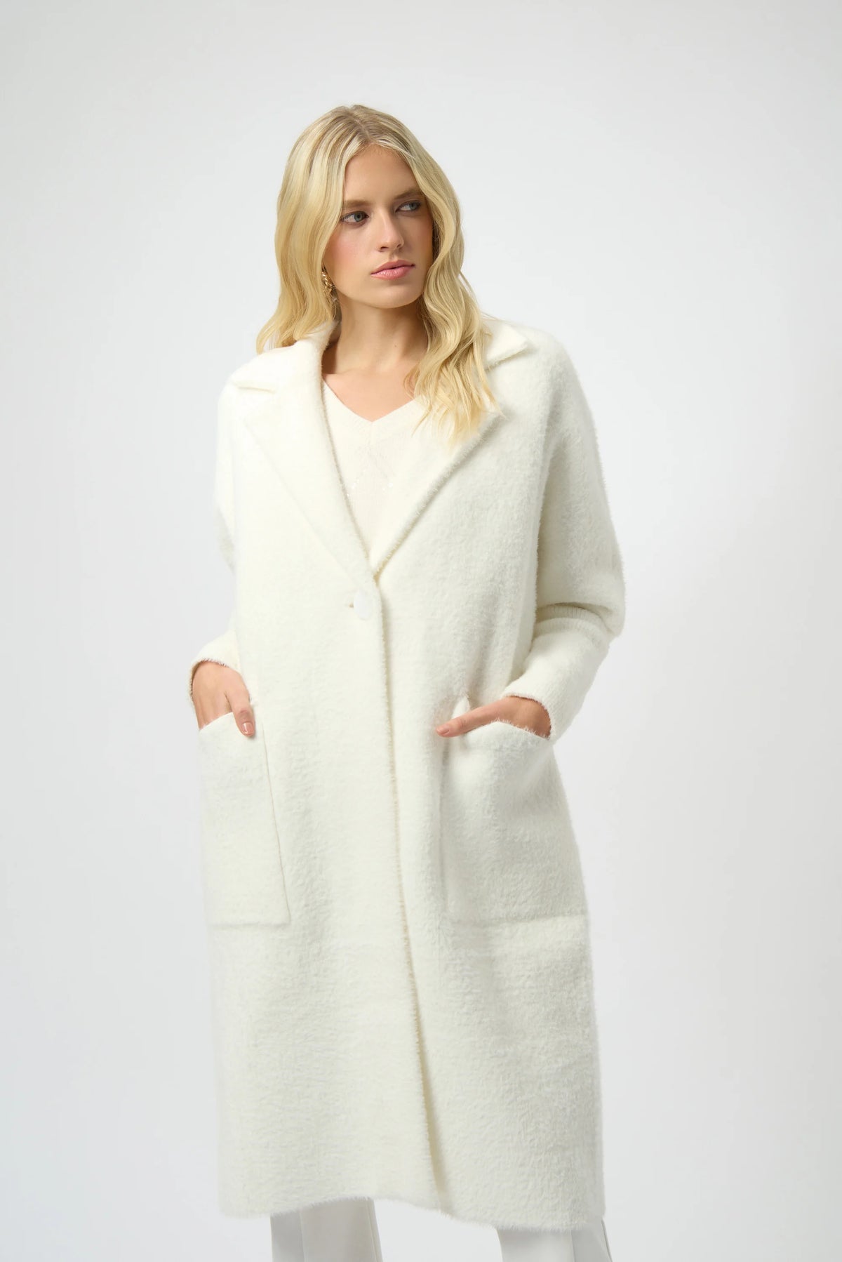 Joseph Ribkoff Winter White Feather Yarn and Faux Fur Sweater Coat