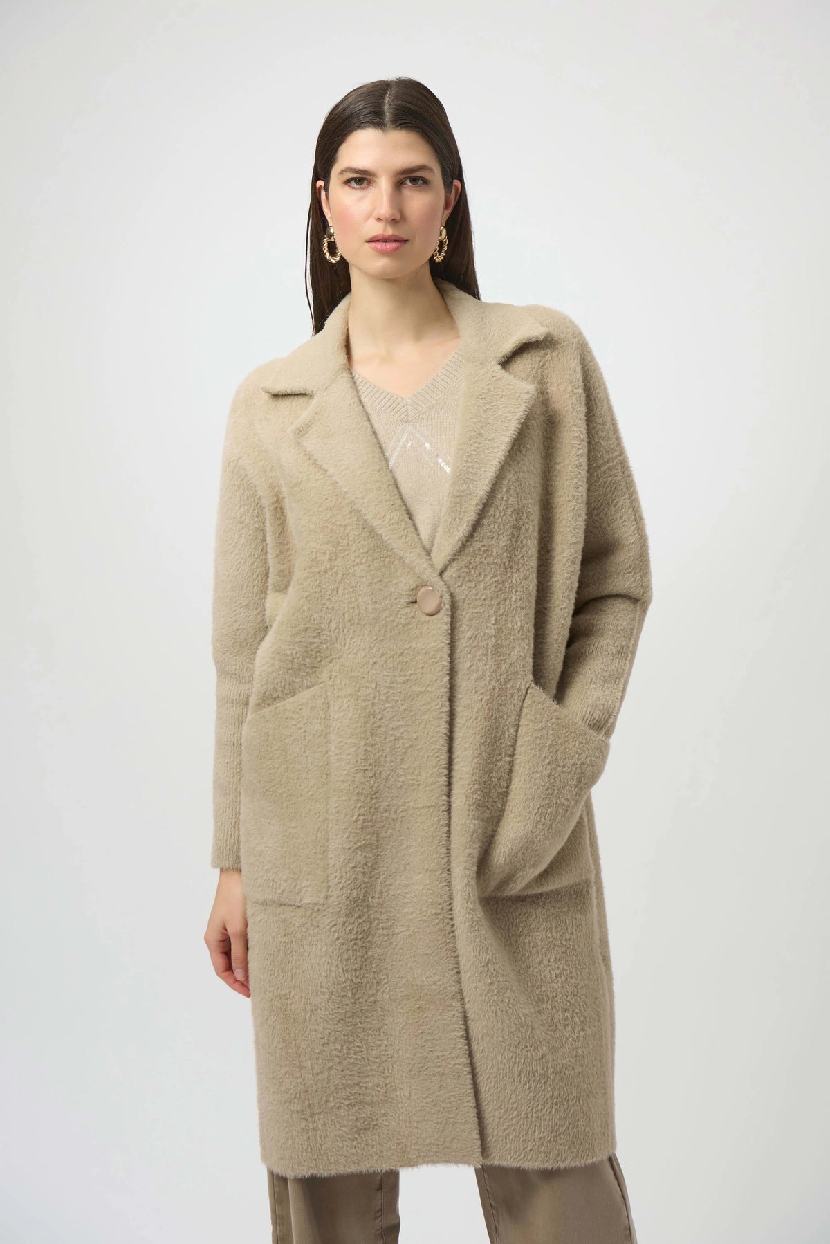 Joseph Ribkoff Fawn Feather Yarn and Faux Fur Sweater Coat