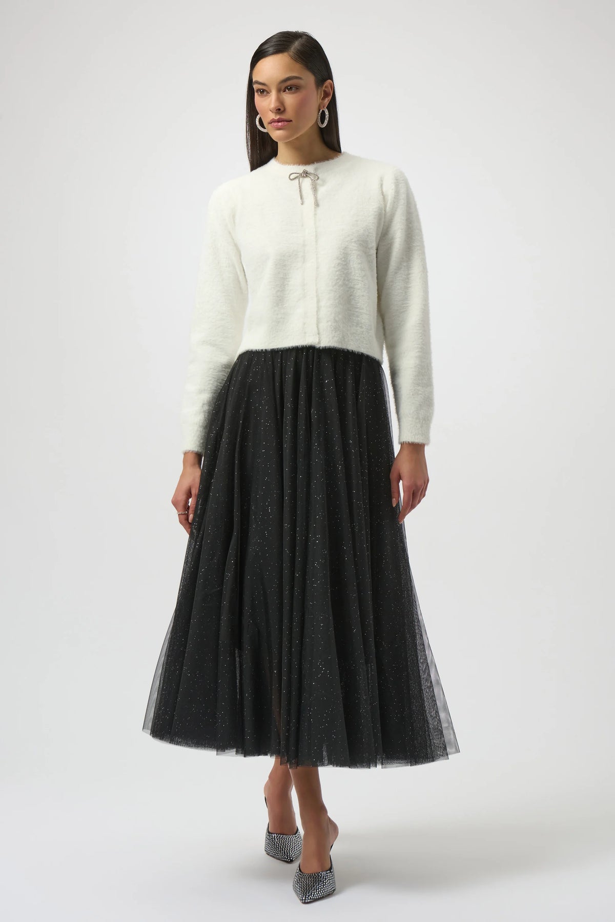 Joseph Ribkoff Winter White Feather Yarn Cardigan with Rhinestone Bow