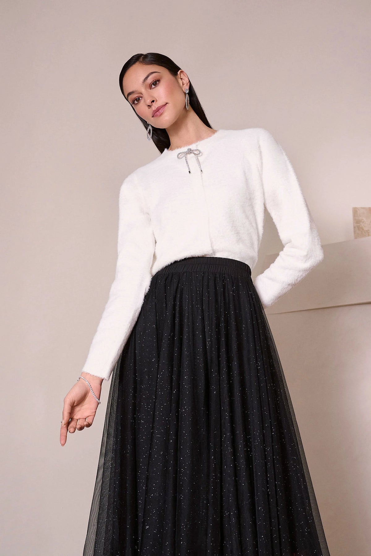 Joseph Ribkoff Winter White Feather Yarn Cardigan with Rhinestone Bow