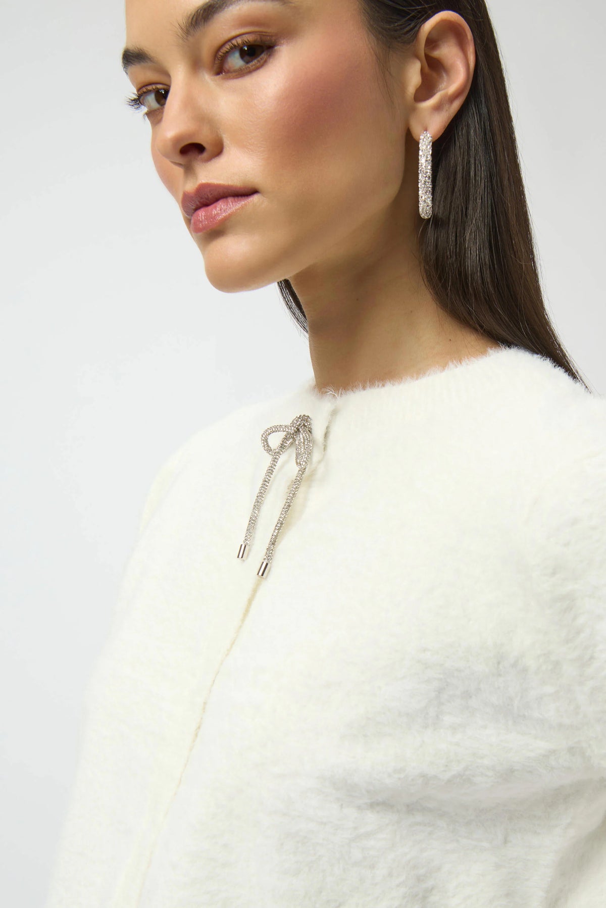 Joseph Ribkoff Winter White Feather Yarn Cardigan with Rhinestone Bow