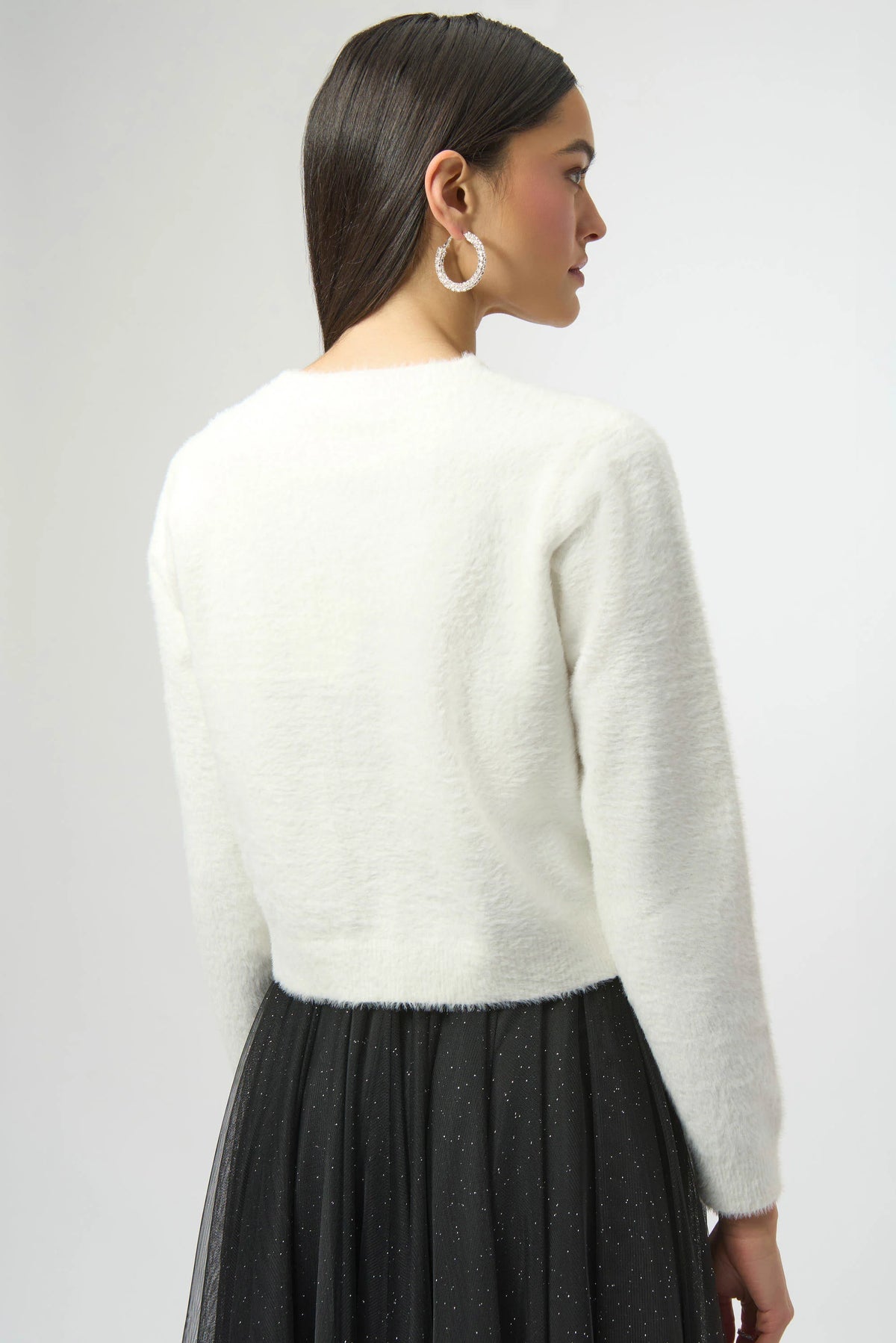 Joseph Ribkoff Winter White Feather Yarn Cardigan with Rhinestone Bow