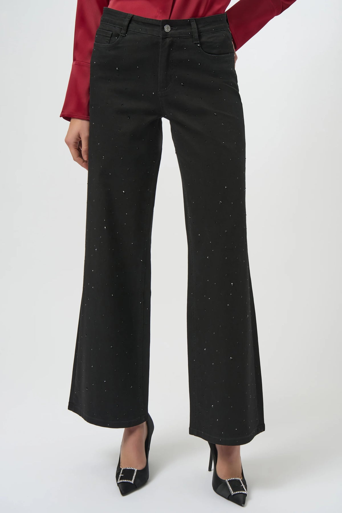 Joseph Ribkoff Black Classic Wide Leg Jeans with Rhinestones