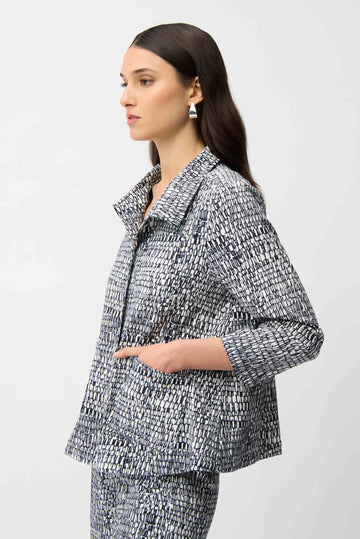 Joseph Ribkoff Vanilla/Midnight Blue Millennium Abstract Print Trapeze Jacket