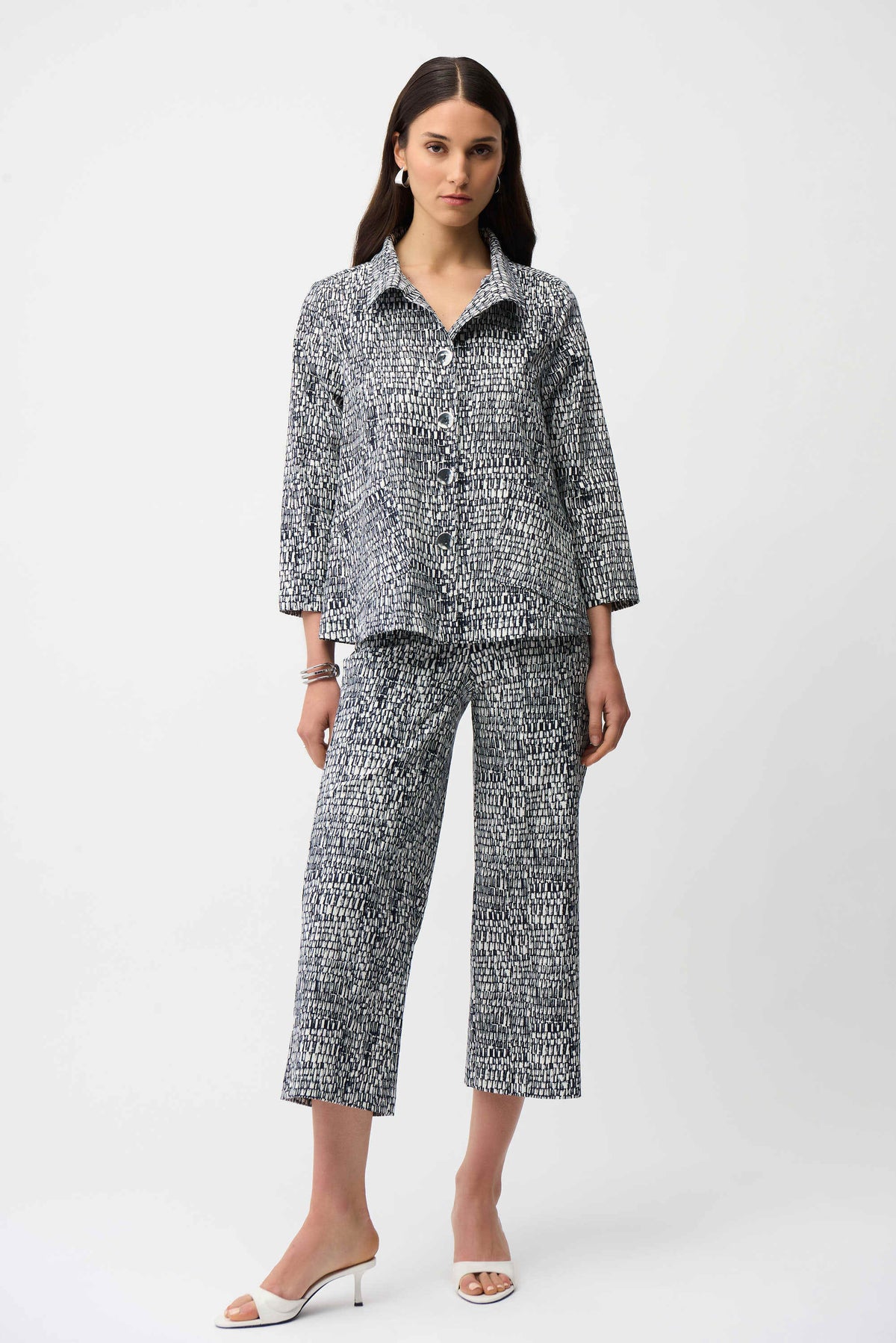 Joseph Ribkoff Vanilla/Midnight Blue Millennium Abstract Print Trapeze Jacket