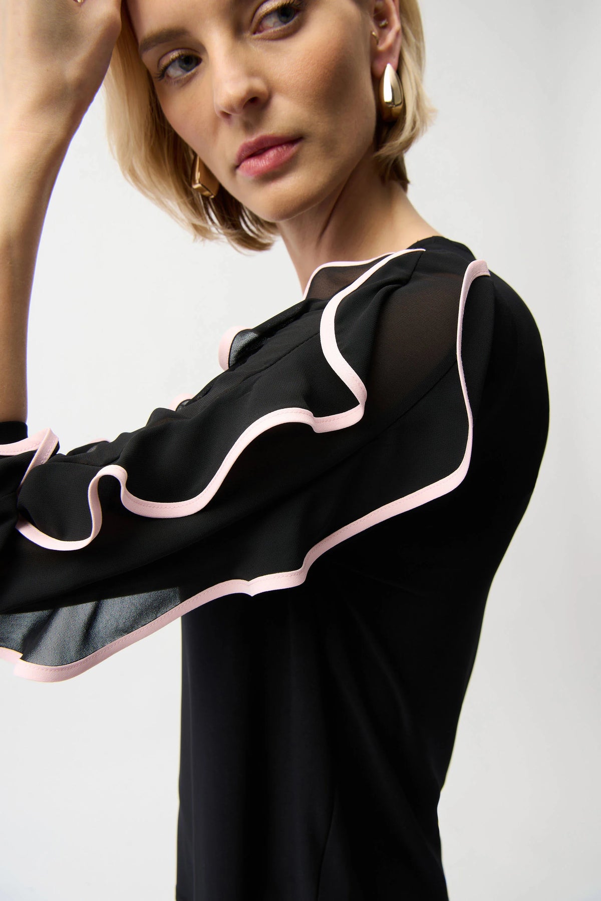 Joseph Ribkoff Black/Petal Pink Silky Knit Top with Chiffon Ruffled Sleeves