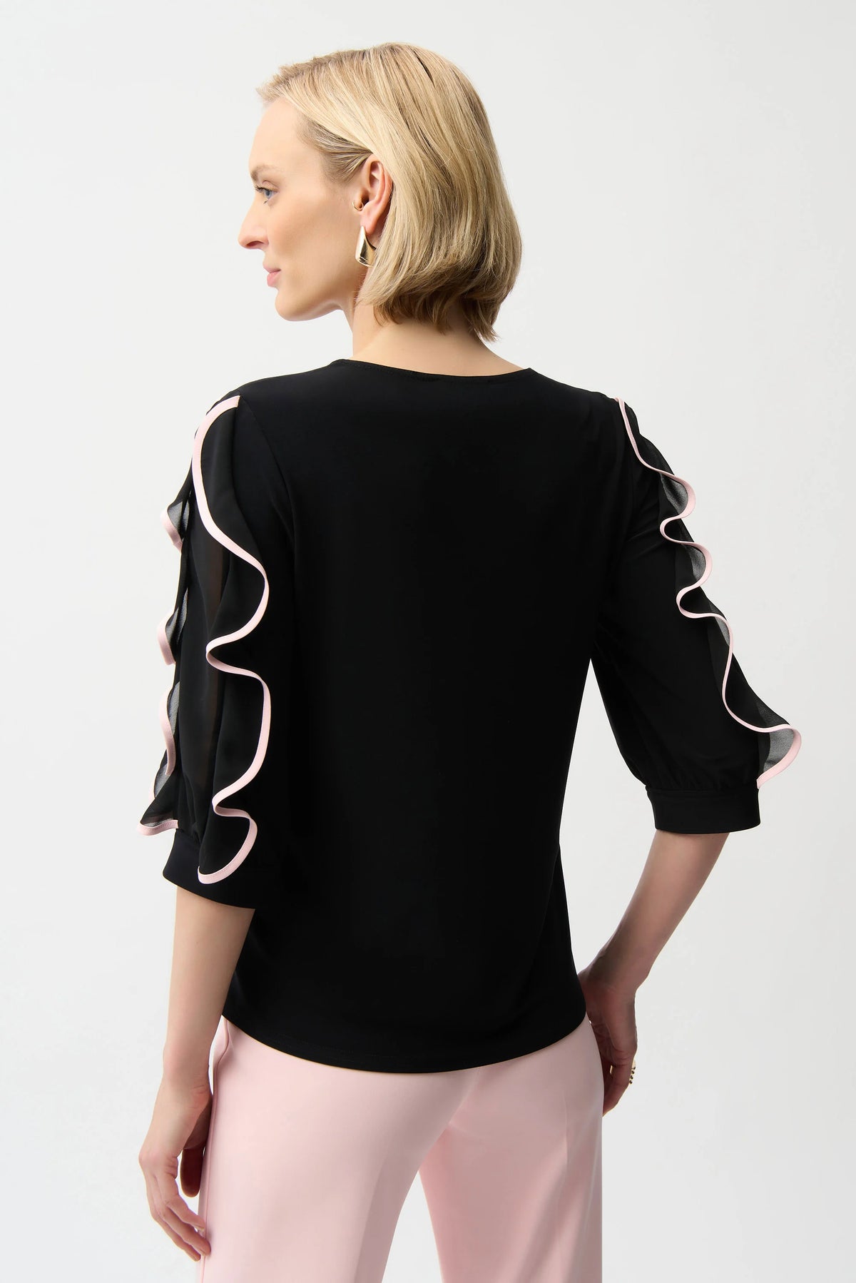 Joseph Ribkoff Black/Petal Pink Silky Knit Top with Chiffon Ruffled Sleeves