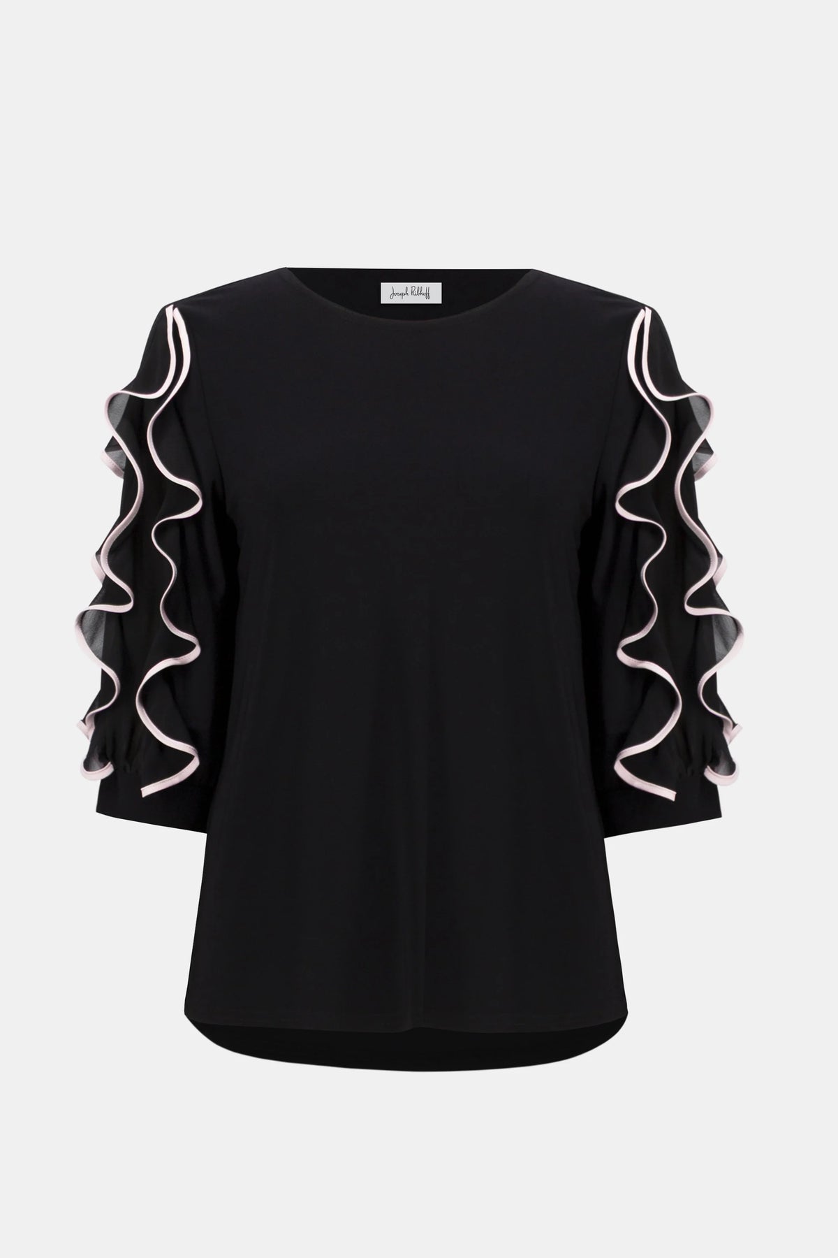 Joseph Ribkoff Black/Petal Pink Silky Knit Top with Chiffon Ruffled Sleeves
