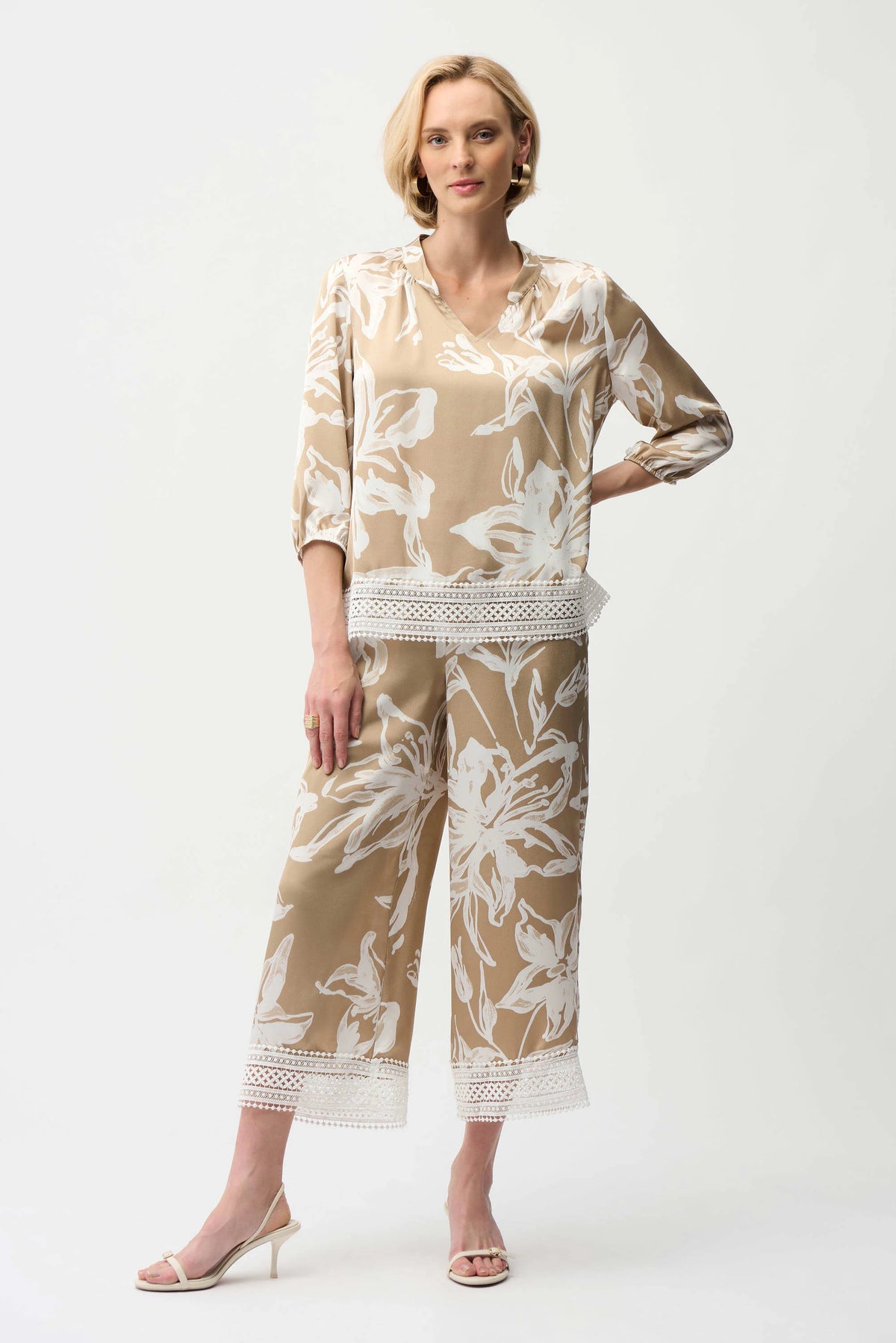 Joseph Ribkoff Beige/Vanilla Satin Floral Print Straight Top With Mandarin Collar