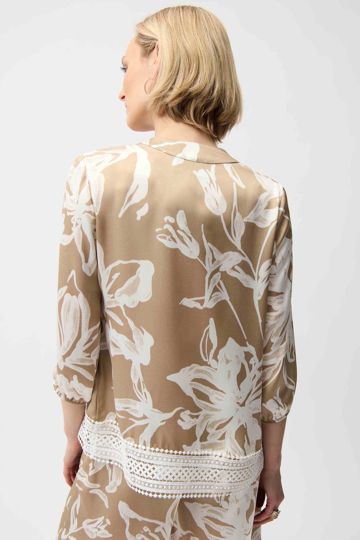Joseph Ribkoff Beige/Vanilla Satin Floral Print Straight Top With Mandarin Collar