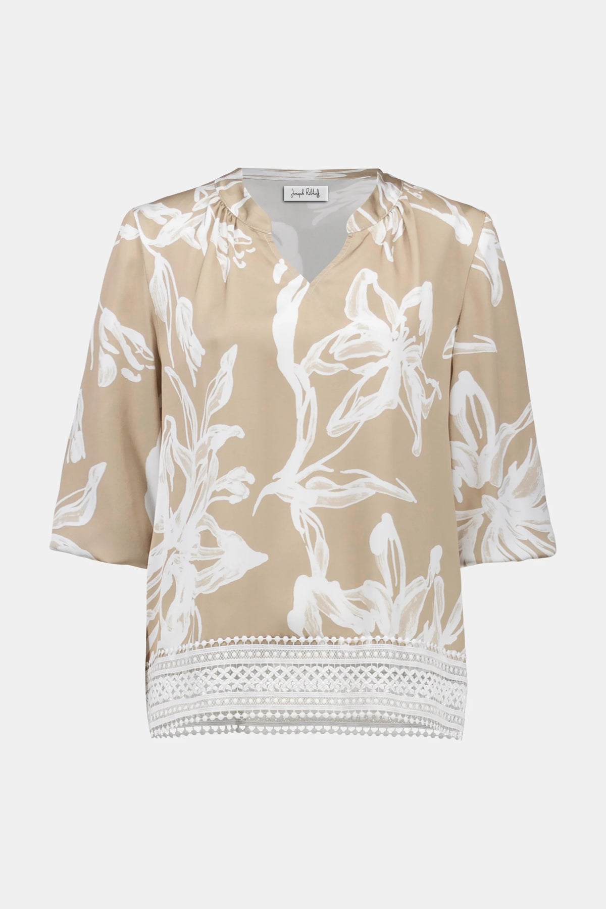 Joseph Ribkoff Beige/Vanilla Satin Floral Print Straight Top With Mandarin Collar