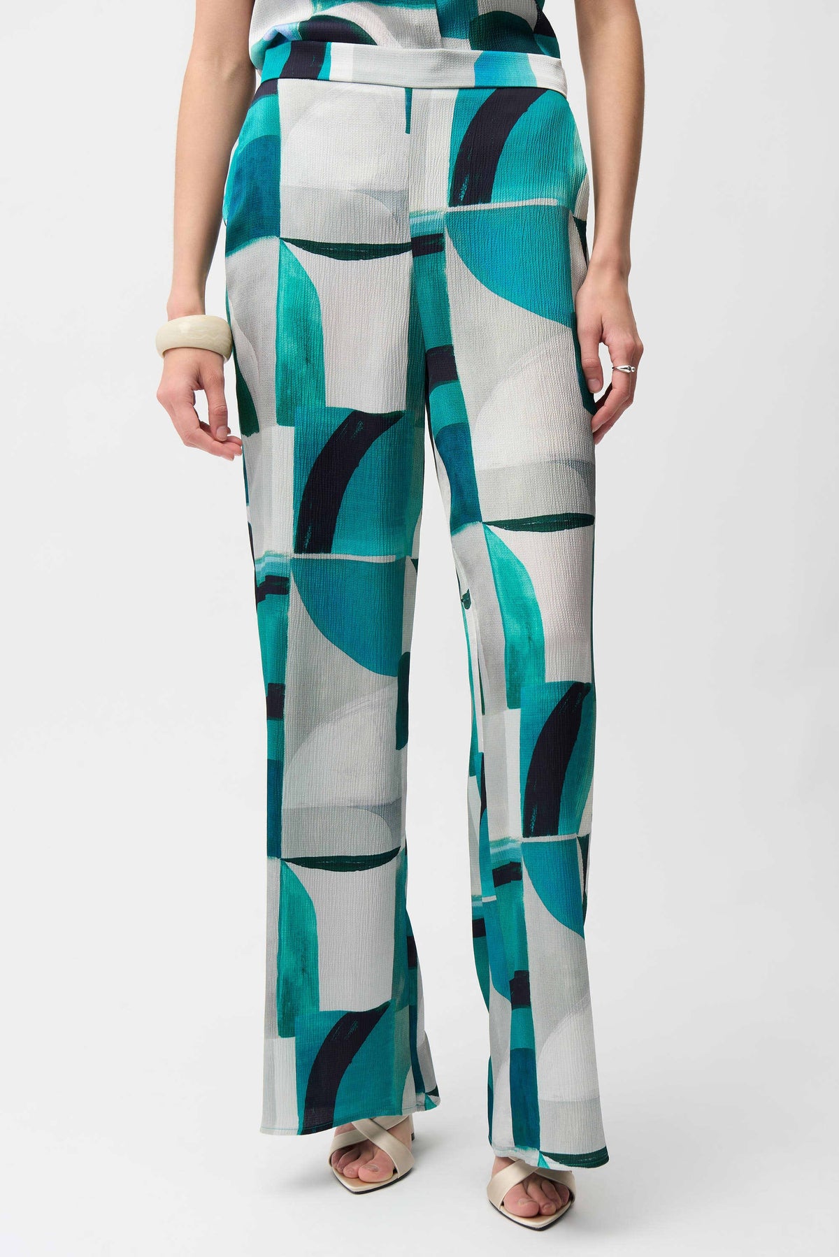 Joseph Ribkoff Green/Multi Textured Satin Geometric Print Wide Leg Pull-On Pants