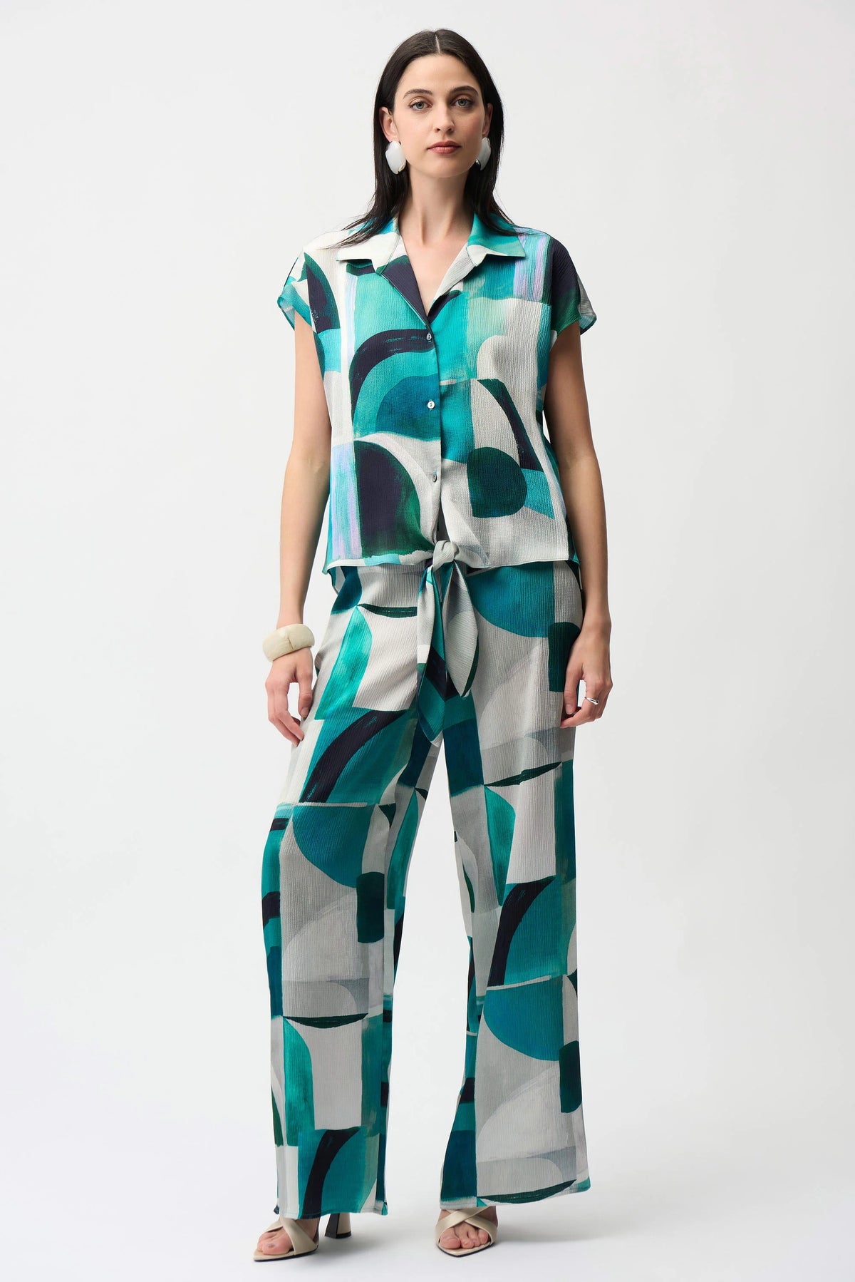 Joseph Ribkoff Green/Multi Textured Satin Geometric Print Wide Leg Pull-On Pants