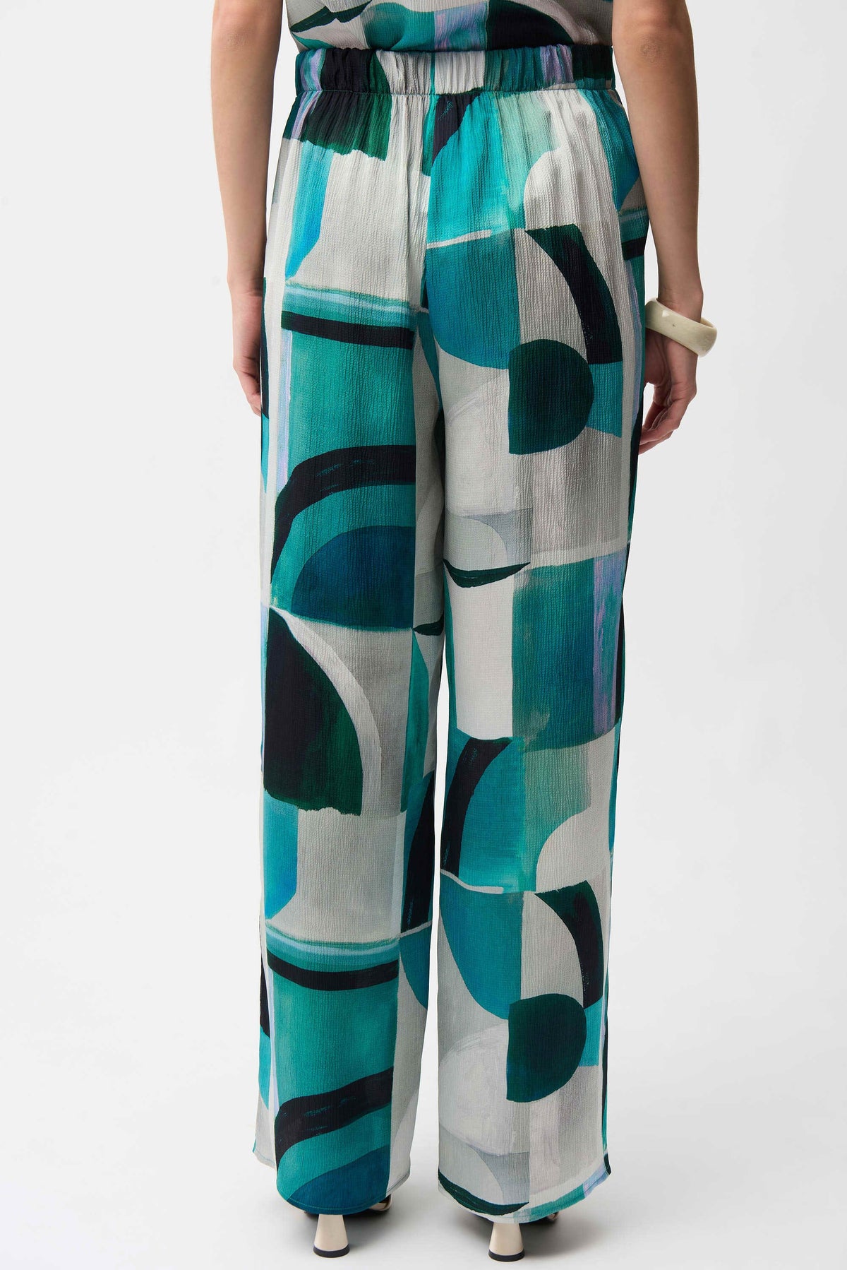 Joseph Ribkoff Green/Multi Textured Satin Geometric Print Wide Leg Pull-On Pants