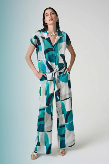 Joseph Ribkoff Green/Multi Textured Satin Geometric Print Wide Leg Pull-On Pants