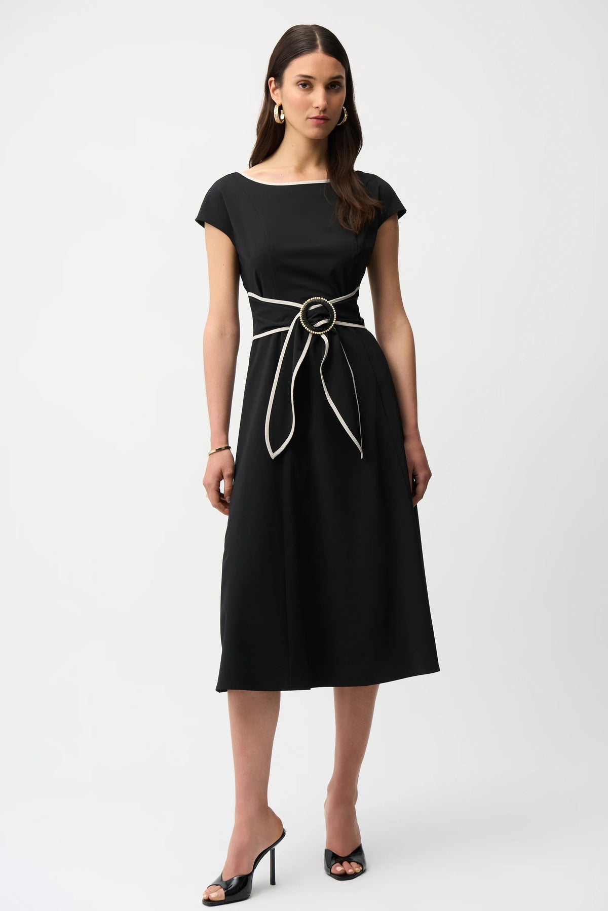 Joseph Ribkoff Strech Woven Color Block Fit and Flare Dress With Sash