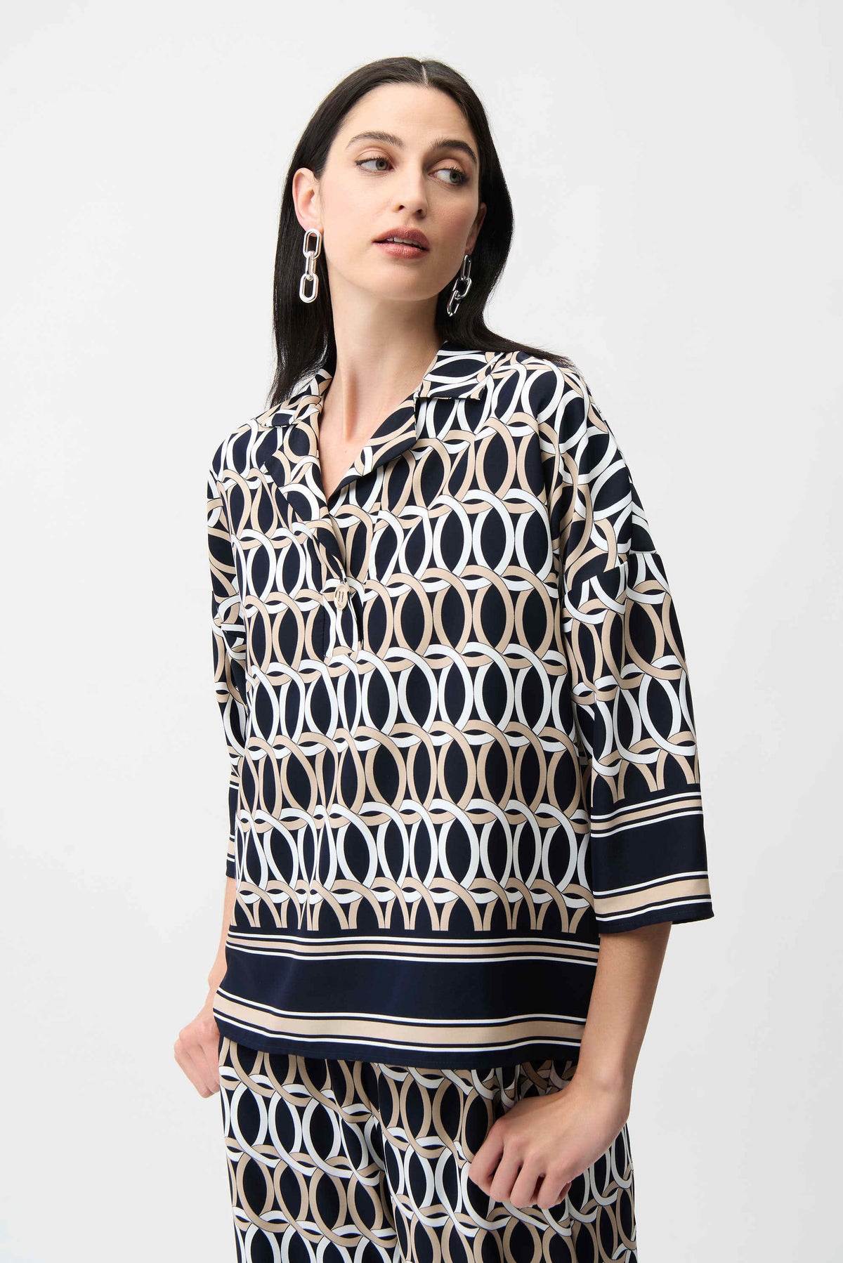 Joseph Ribkoff Midnight Blue/Multi Recycled Woven Geometric Print Boxy Top With Shirt Collar