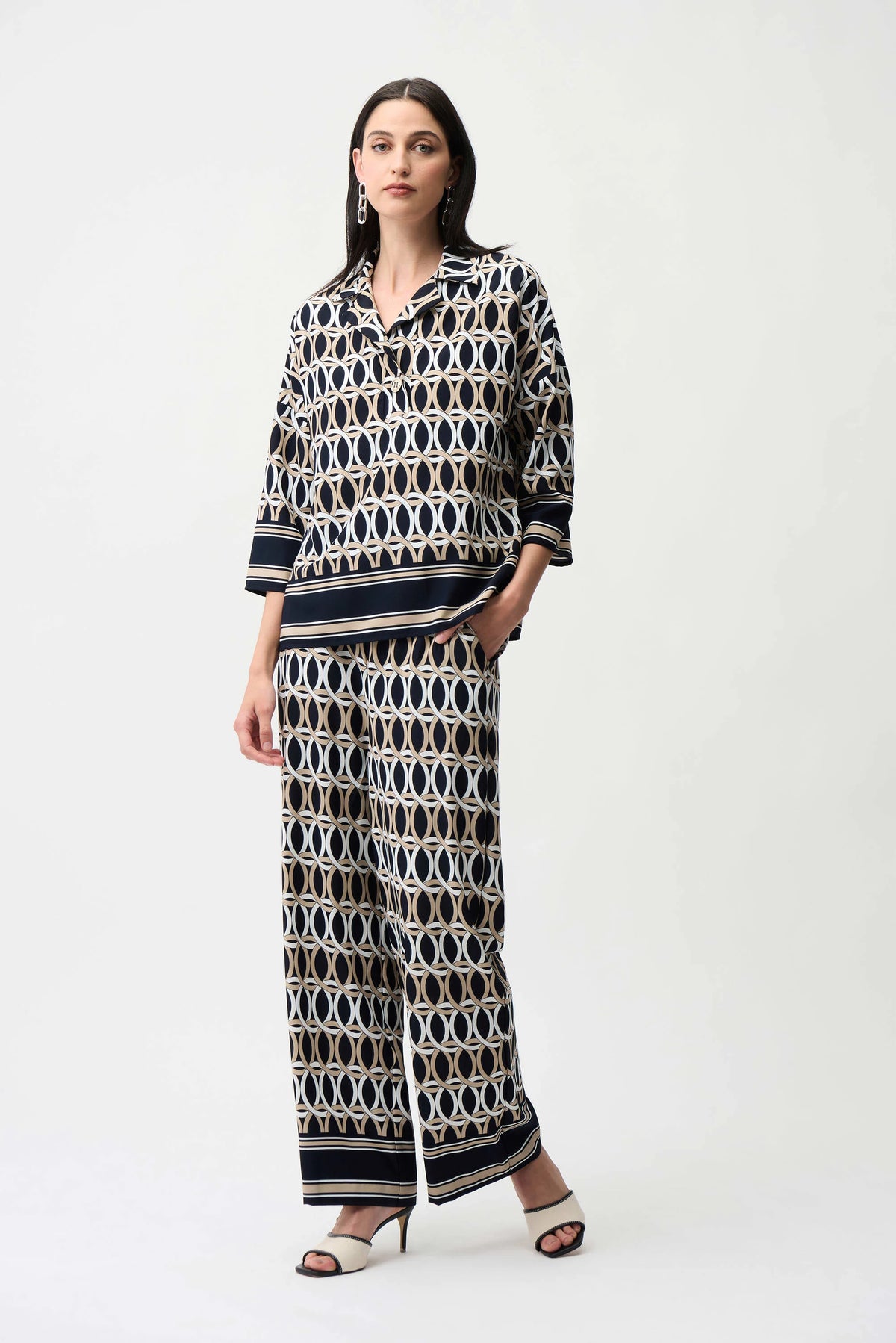 Joseph Ribkoff Midnight Blue/Multi Recycled Woven Geometric Print Boxy Top With Shirt Collar