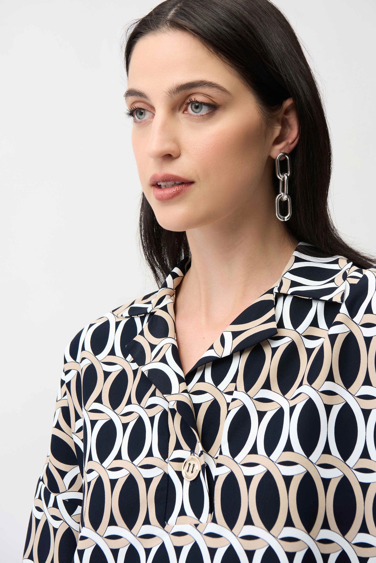 Joseph Ribkoff Midnight Blue/Multi Recycled Woven Geometric Print Boxy Top With Shirt Collar