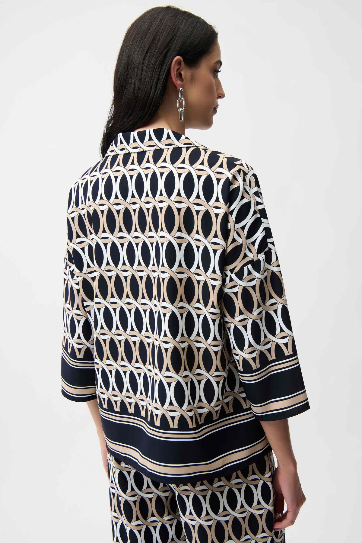 Joseph Ribkoff Midnight Blue/Multi Recycled Woven Geometric Print Boxy Top With Shirt Collar