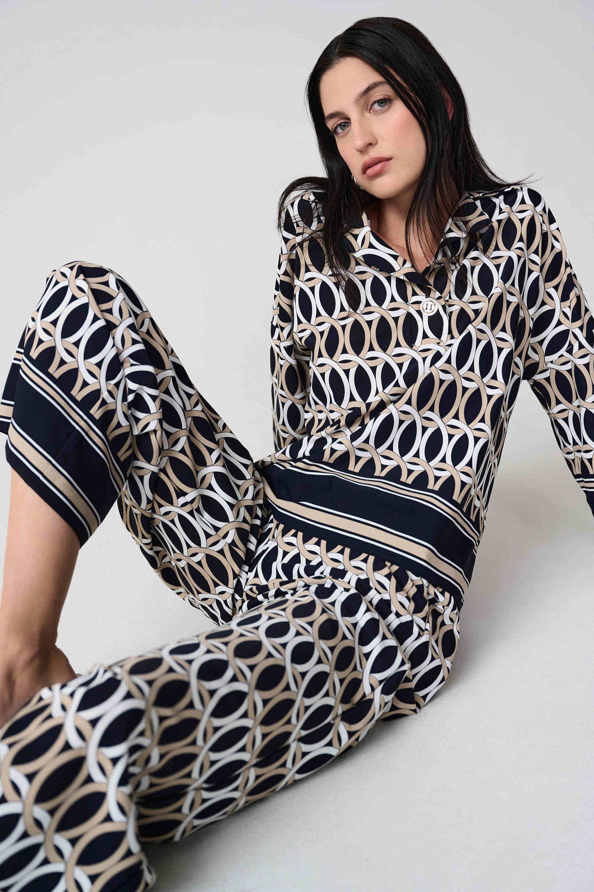 Joseph Ribkoff Midnight Blue/Multi Recycled Woven Geometric Print Boxy Top With Shirt Collar