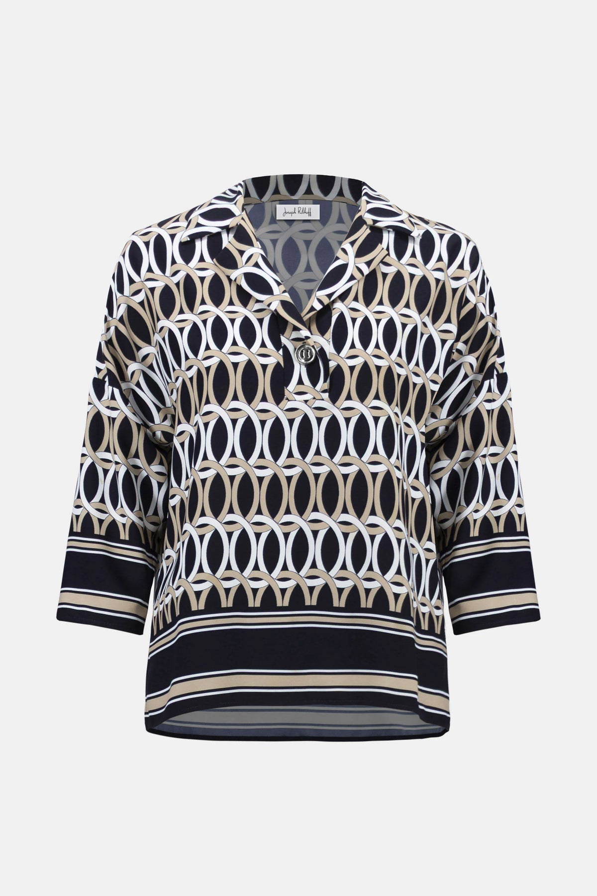 Joseph Ribkoff Midnight Blue/Multi Recycled Woven Geometric Print Boxy Top With Shirt Collar