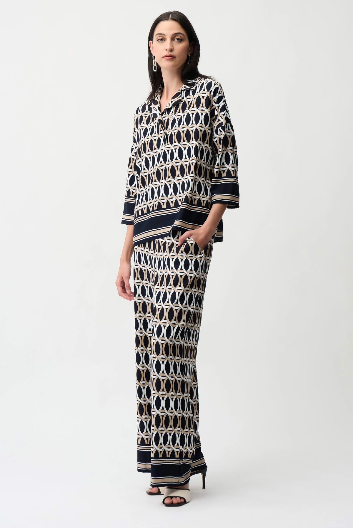 Joseph Ribkoff Midnight Blue/Multi Recycled Woven Geometric Print Wide Leg Pull-On Pants