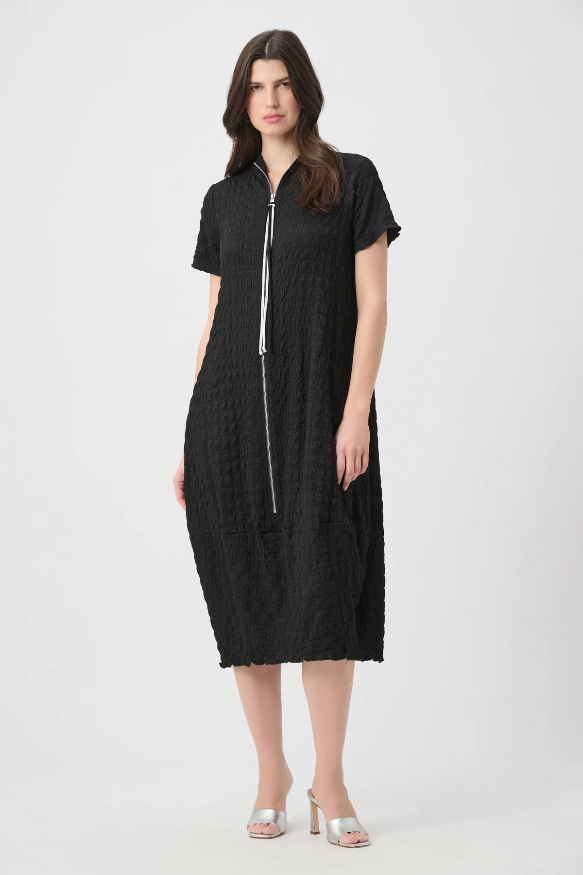 Joseph Ribkoff Black/Vanilla Textured Knit Cocoon Dress With Front Zipper