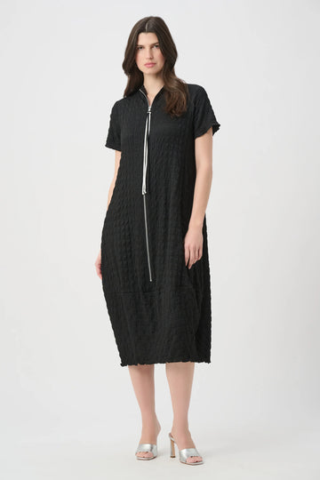 Joseph Ribkoff Black/Vanilla Textured Knit Cocoon Dress With Front Zipper
