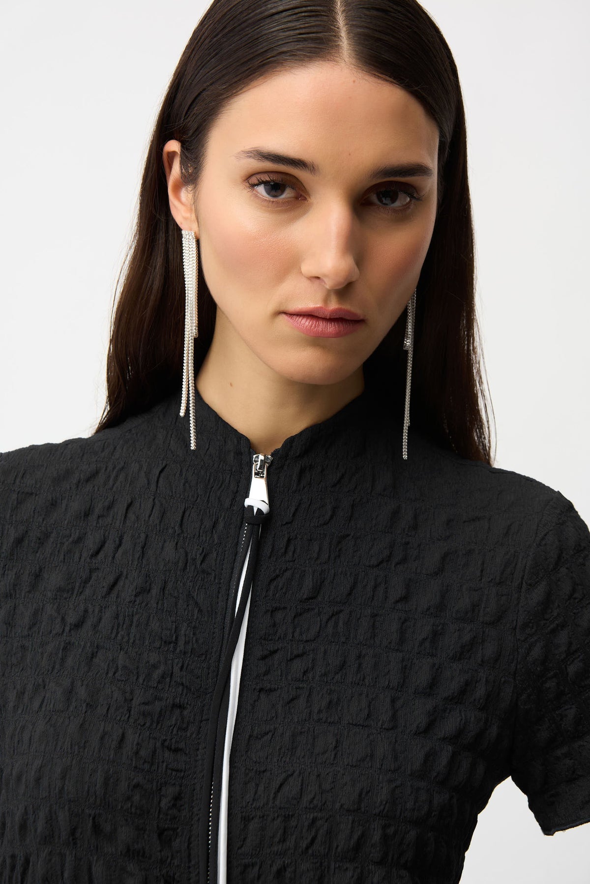 Joseph Ribkoff Black/Vanilla Textured Knit Cocoon Dress With Front Zipper