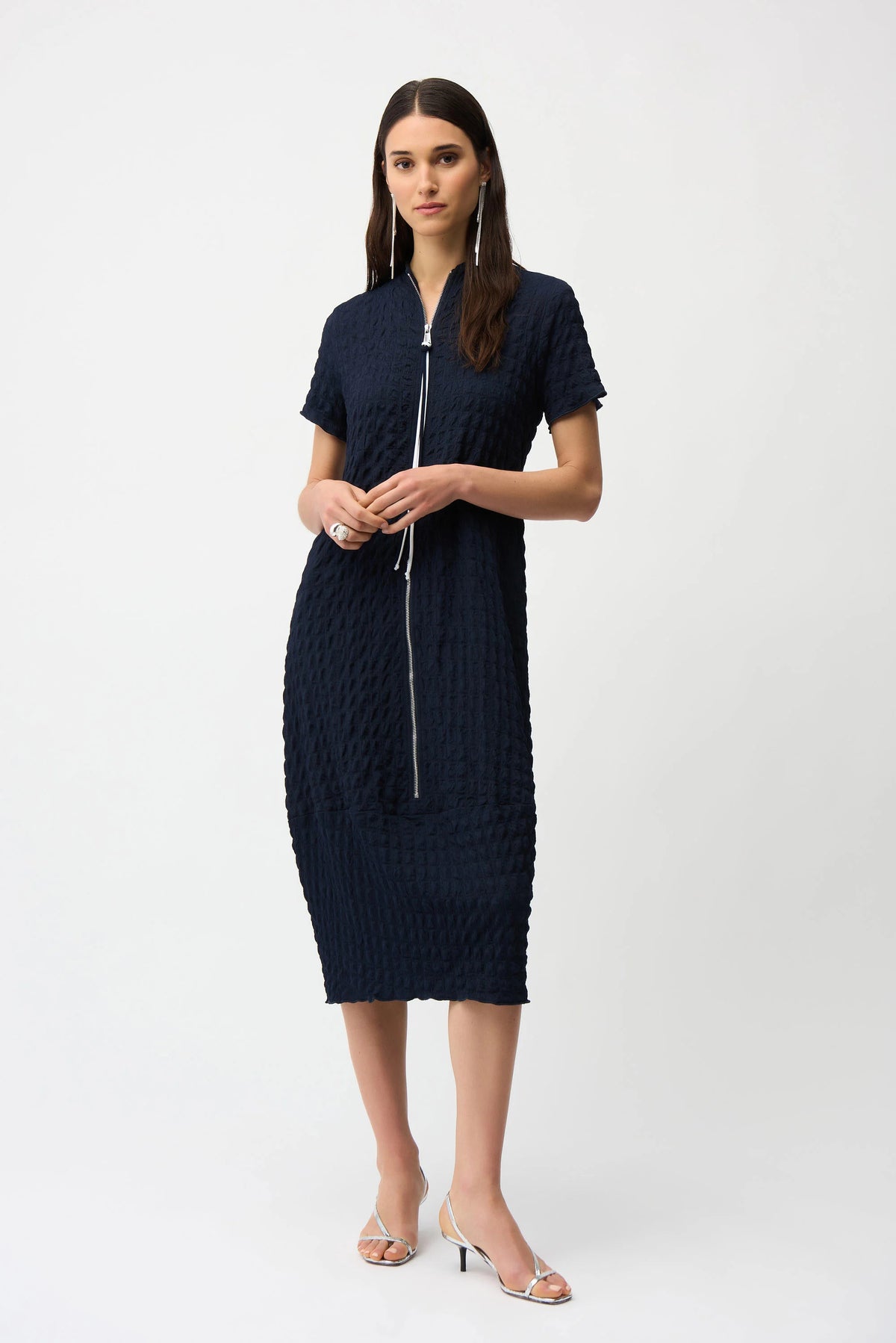 Joseph Ribkoff Midnight Blue/Vanilla Textured Knit Cocoon Dress With Front Zipper