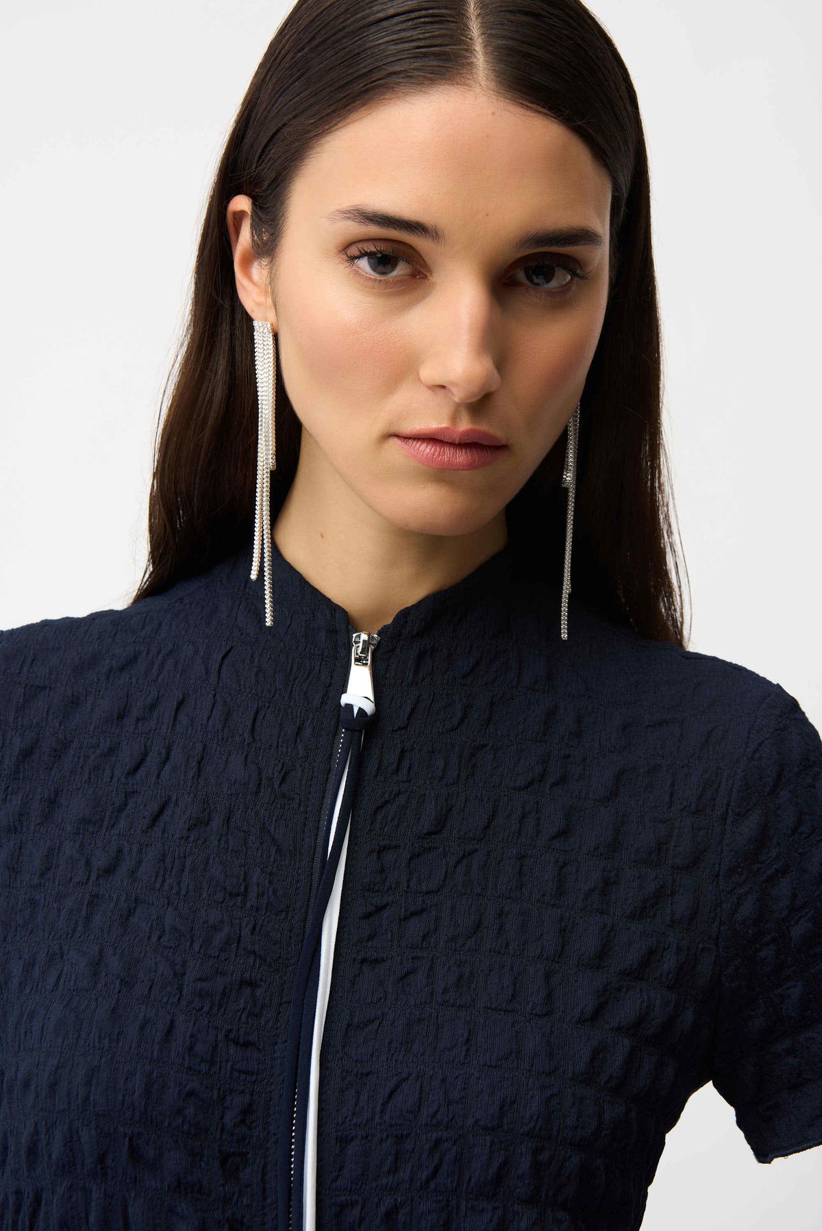 Joseph Ribkoff Midnight Blue/Vanilla Textured Knit Cocoon Dress With Front Zipper