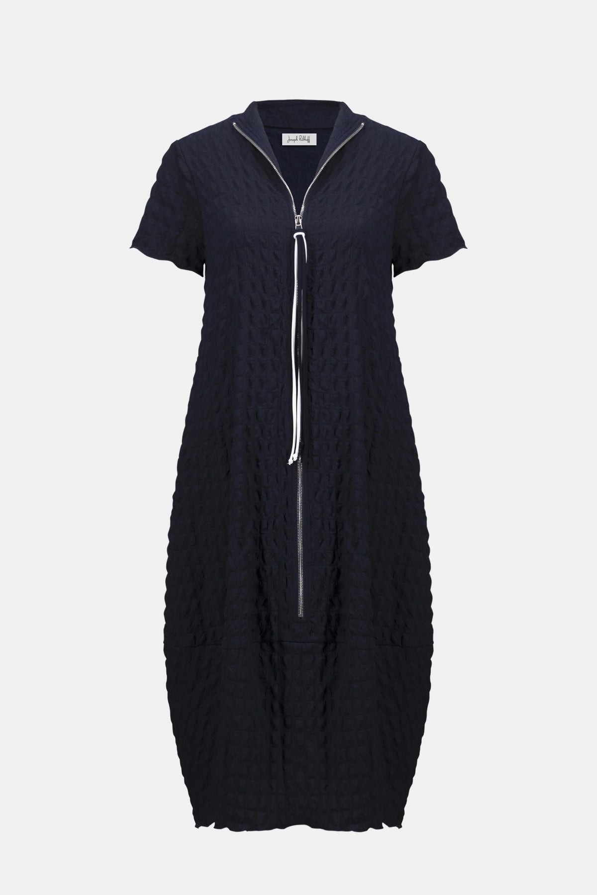 Joseph Ribkoff Midnight Blue/Vanilla Textured Knit Cocoon Dress With Front Zipper