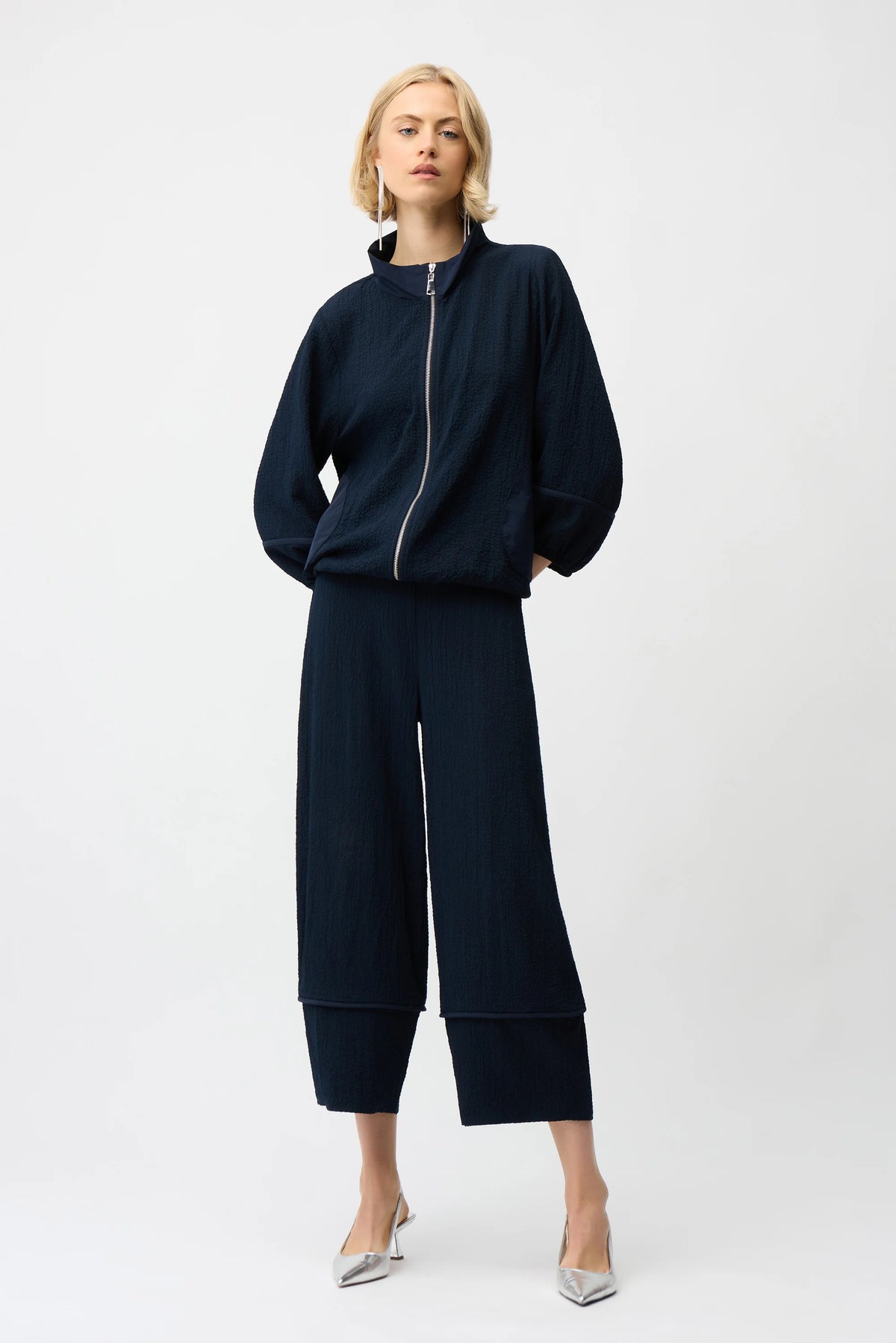 Joseph Ribkoff Midnight Blue Seersucker &amp; Memory Bomber Jacket