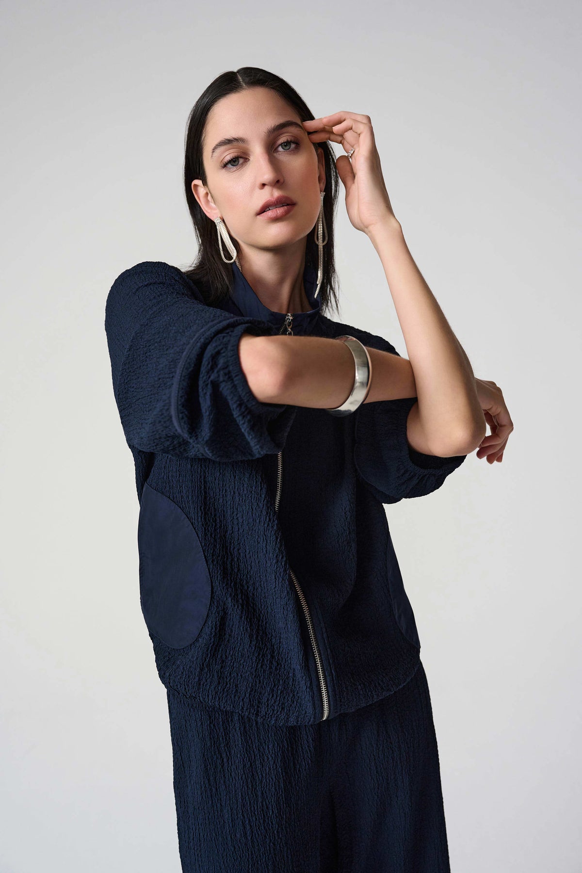 Joseph Ribkoff Midnight Blue Seersucker &amp; Memory Bomber Jacket