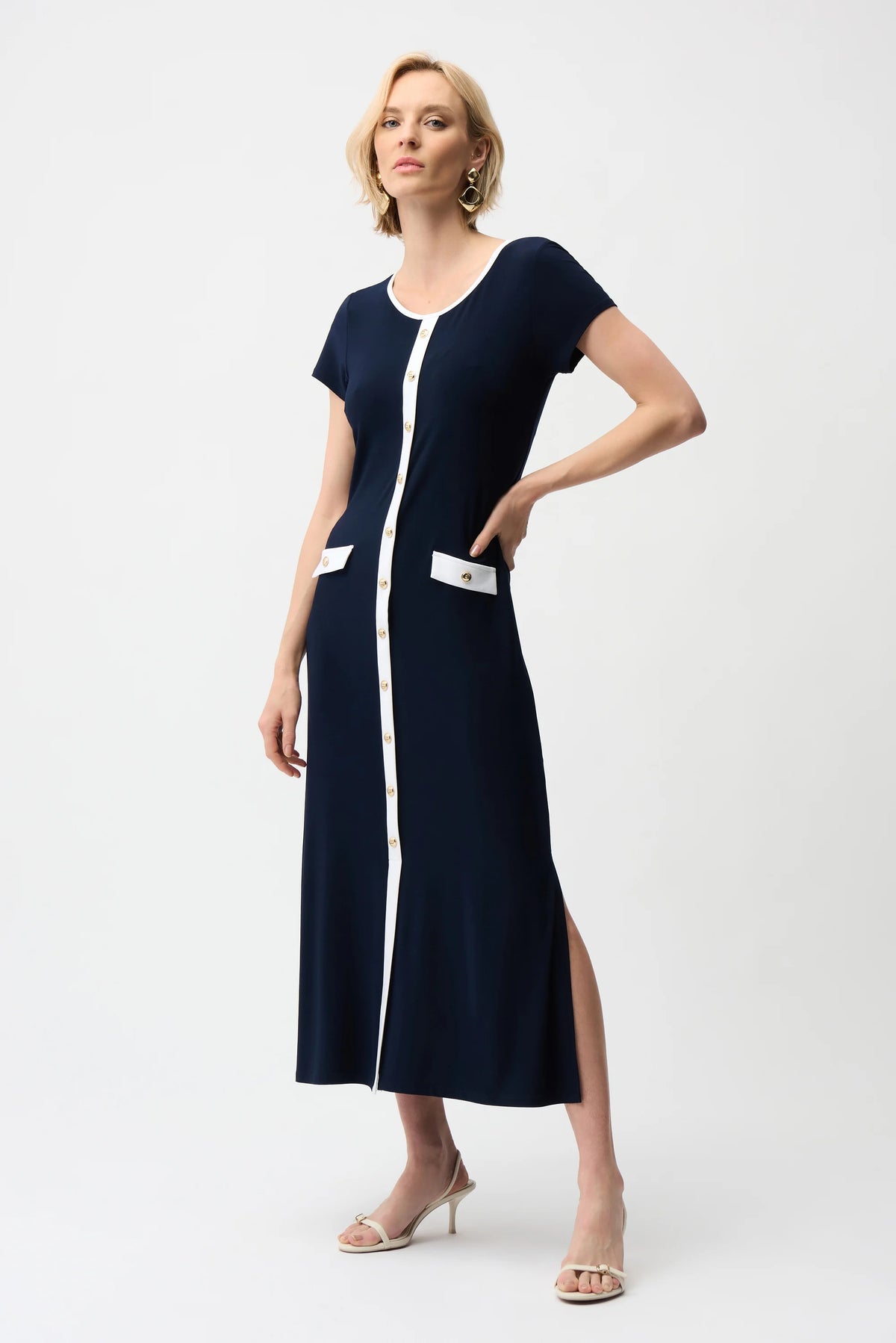 Joseph Ribkoff Midnight Blue/Vanilla Silky Knit Color Block A-Line Midi Dress
