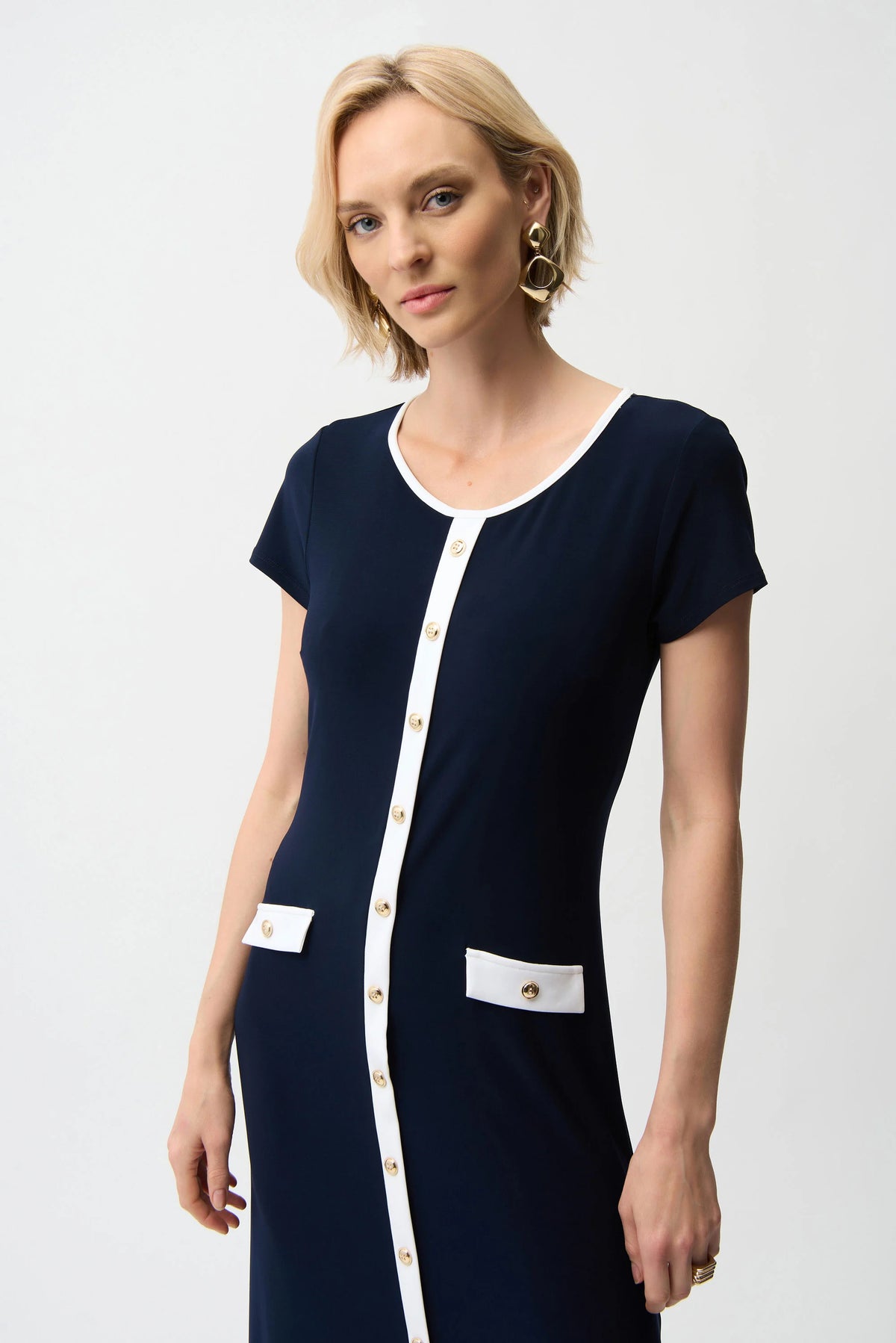 Joseph Ribkoff Midnight Blue/Vanilla Silky Knit Color Block A-Line Midi Dress