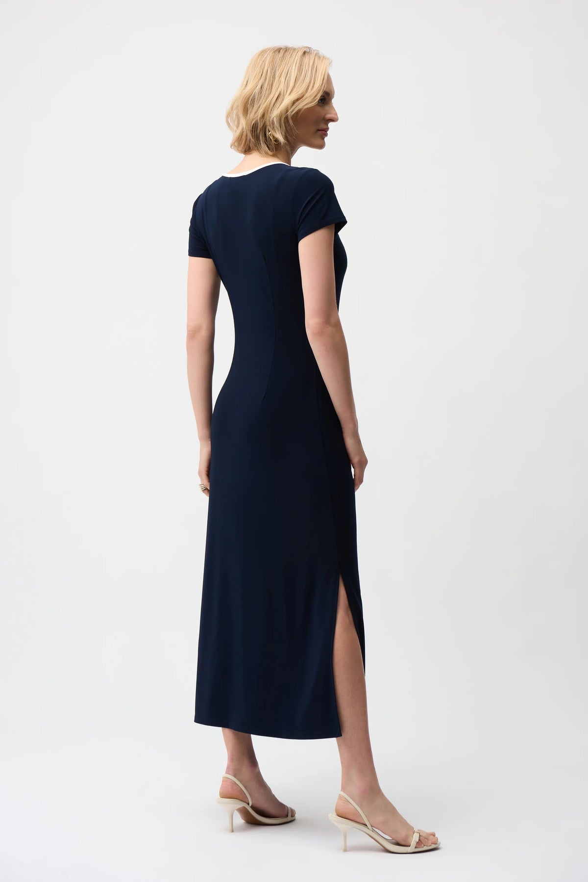 Joseph Ribkoff Midnight Blue/Vanilla Silky Knit Color Block A-Line Midi Dress