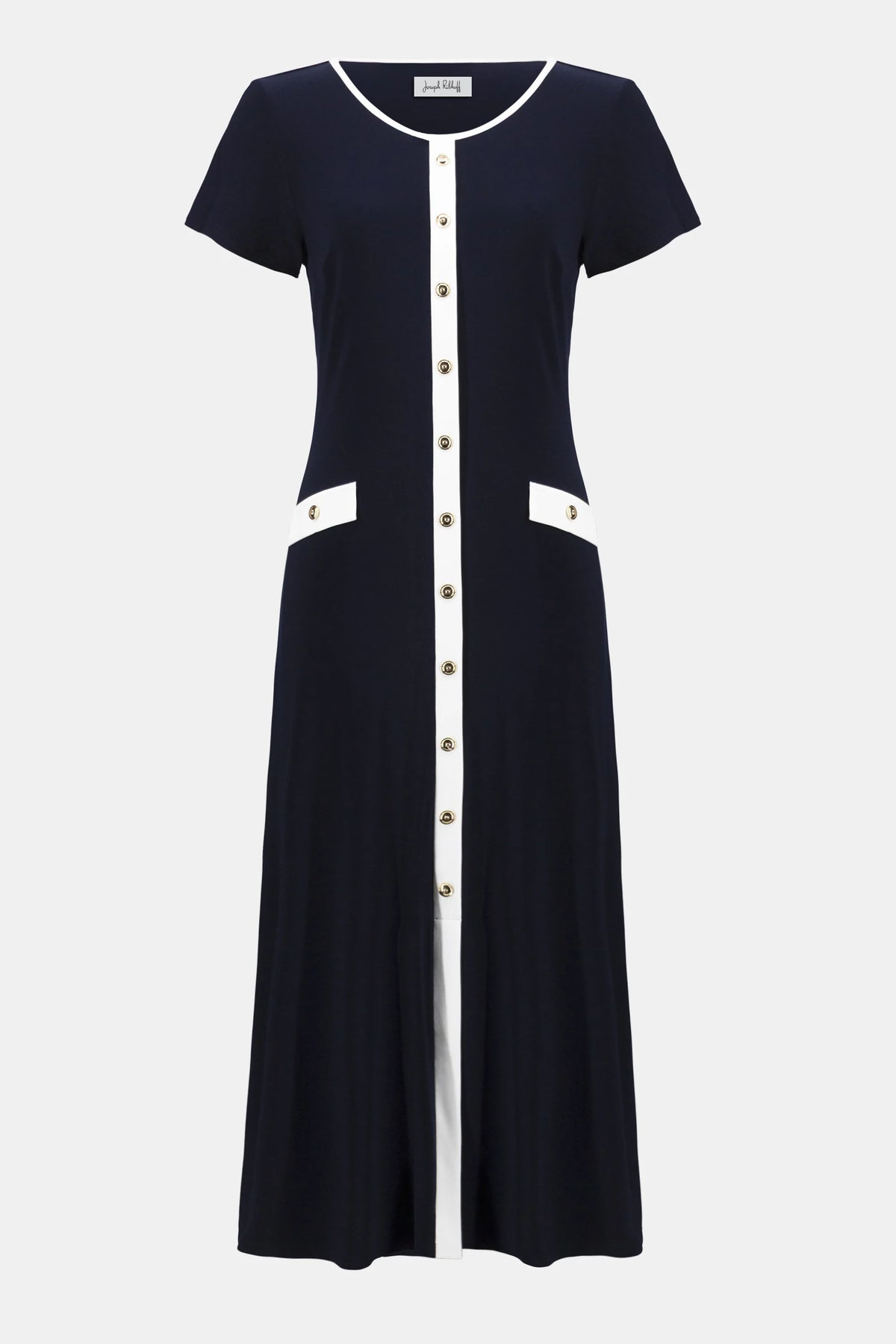 Joseph Ribkoff Midnight Blue/Vanilla Silky Knit Color Block A-Line Midi Dress