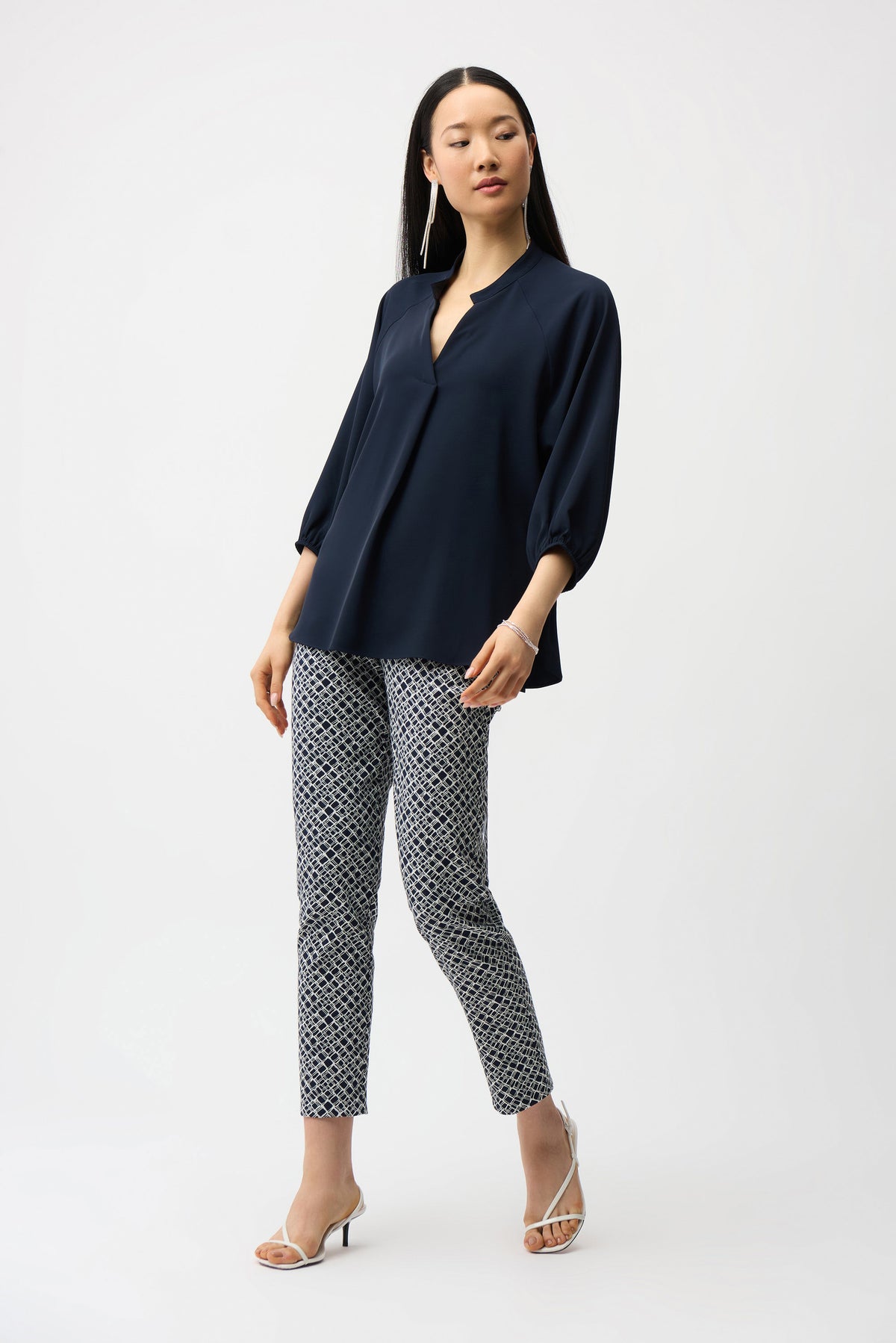 Joseph Ribkoff Midnight Blue Woven Twill Boxy Top With Mandarin Collar