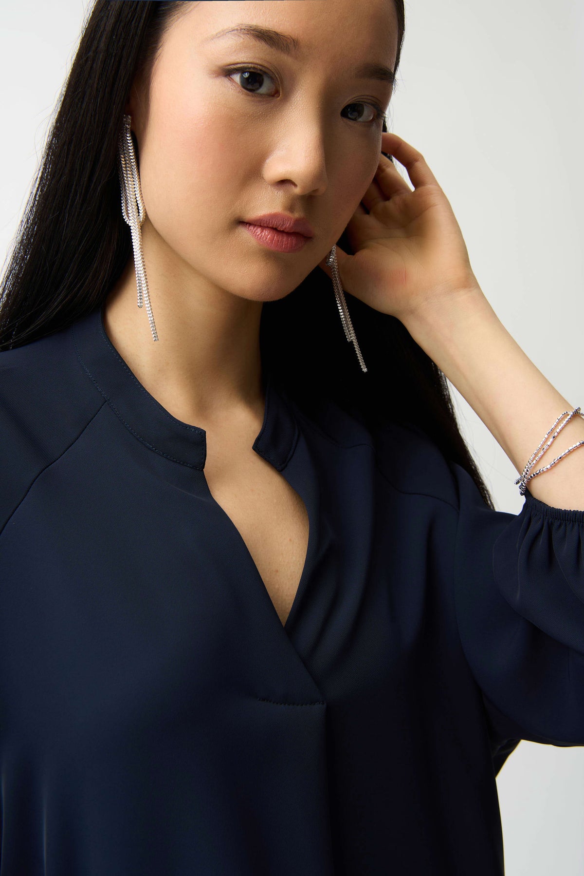 Joseph Ribkoff Midnight Blue Woven Twill Boxy Top With Mandarin Collar