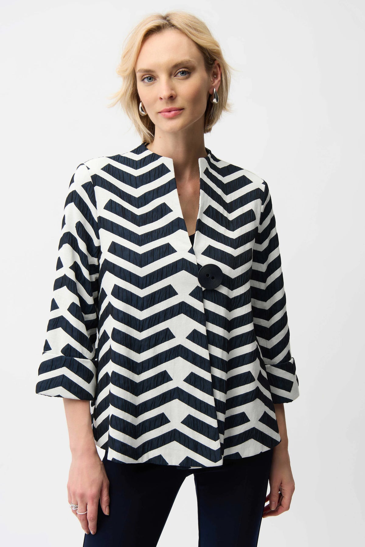 Joseph Ribkoff Off White/Navy Geometric Jacquard Trapeze Jacket