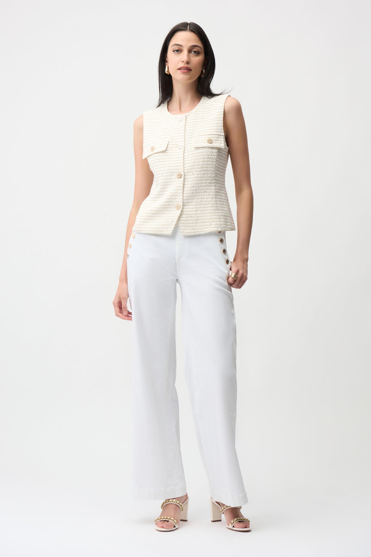 Joseph Ribkoff Off White/Gold Bouclé Fitted Vest With Gold Buttons