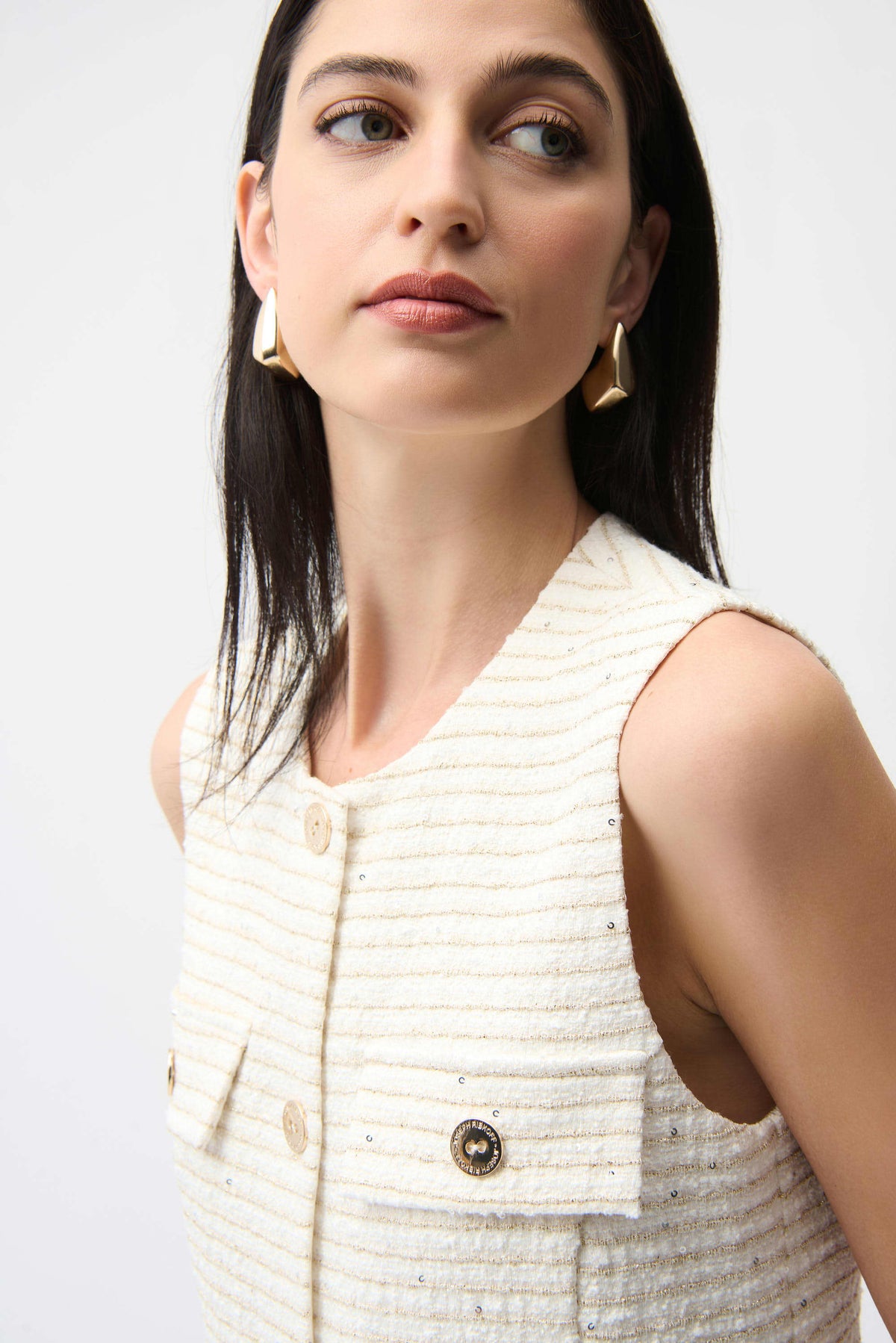 Joseph Ribkoff Off White/Gold Bouclé Fitted Vest With Gold Buttons