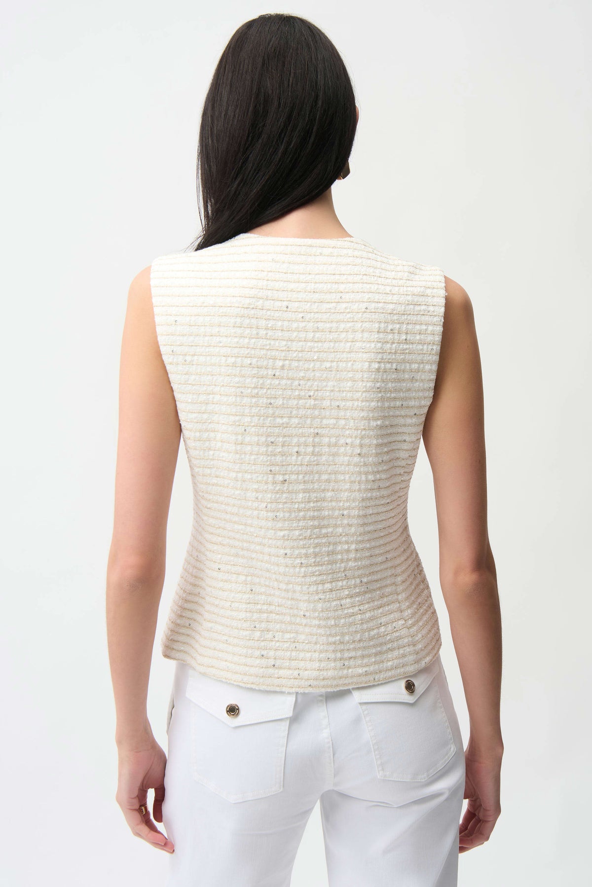 Joseph Ribkoff Off White/Gold Bouclé Fitted Vest With Gold Buttons