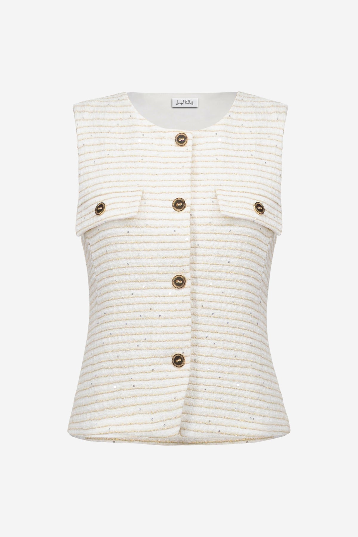 Joseph Ribkoff Off White/Gold Bouclé Fitted Vest With Gold Buttons