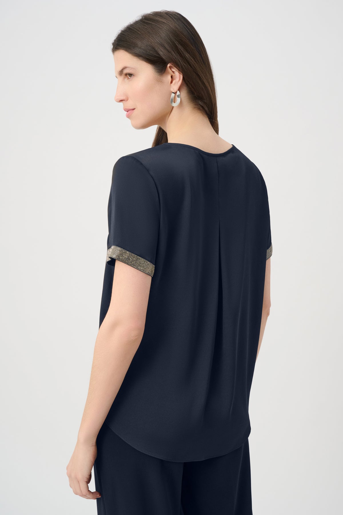 Joseph Ribkoff Midnight Blue Recycled Satin Top With Rhinestones detail