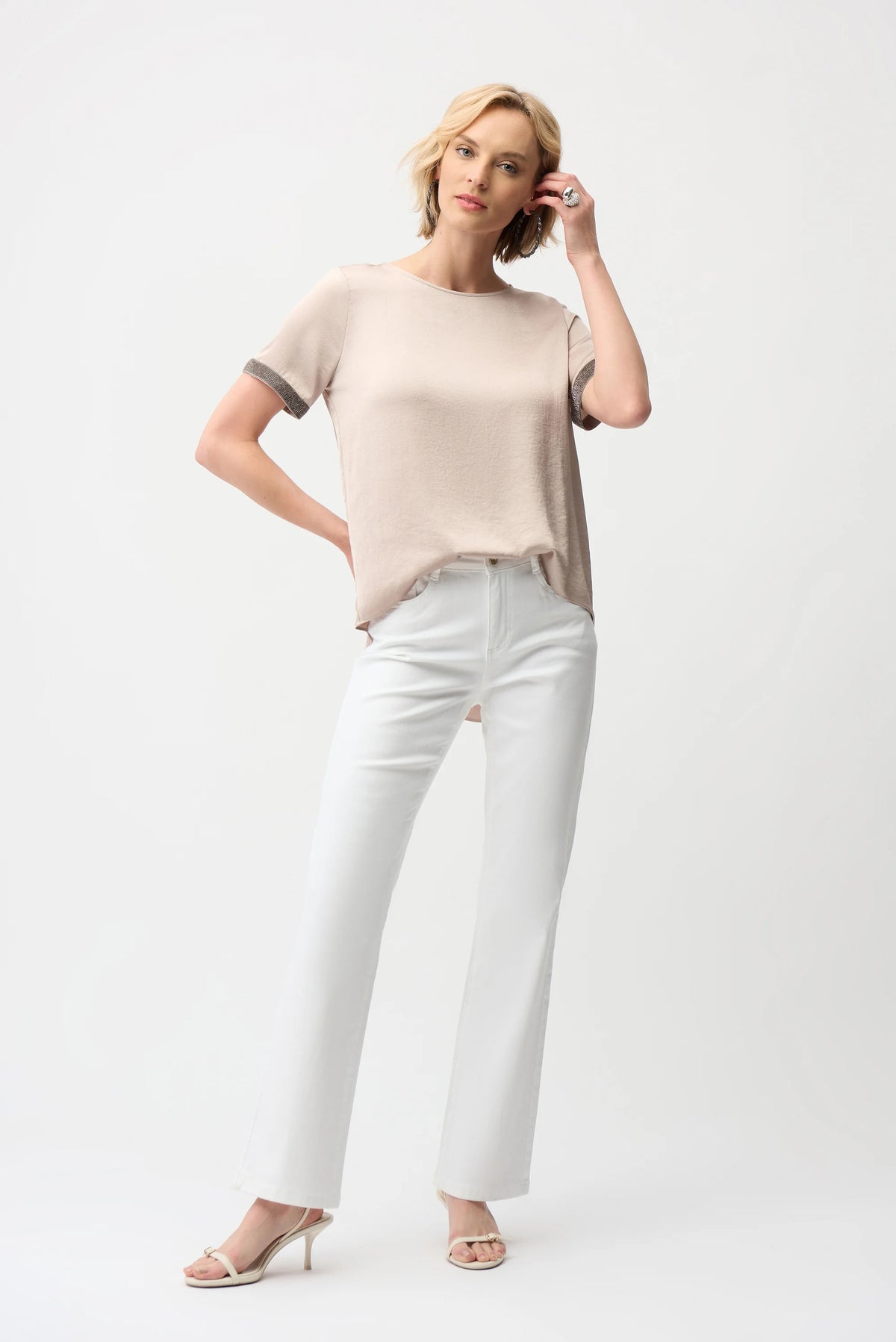 Joseph Ribkoff Parchment Recycled Satin Top With Rhinestones detail